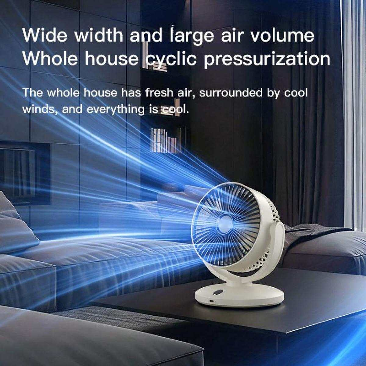 Ein weißer Ventilator auf einem Tisch bläst blaue Luftstrahlen in ein Wohnzimmer.