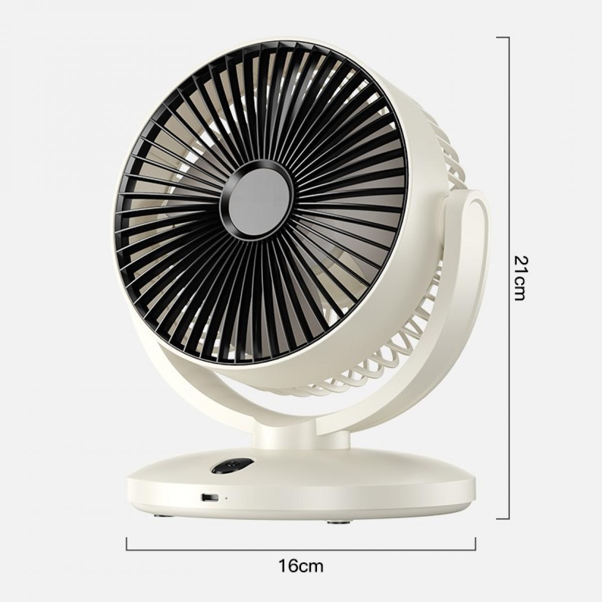 Ein cremefarbener Tischventilator mit schwarzen Lamellen und einem silbernen Mittelkreis.