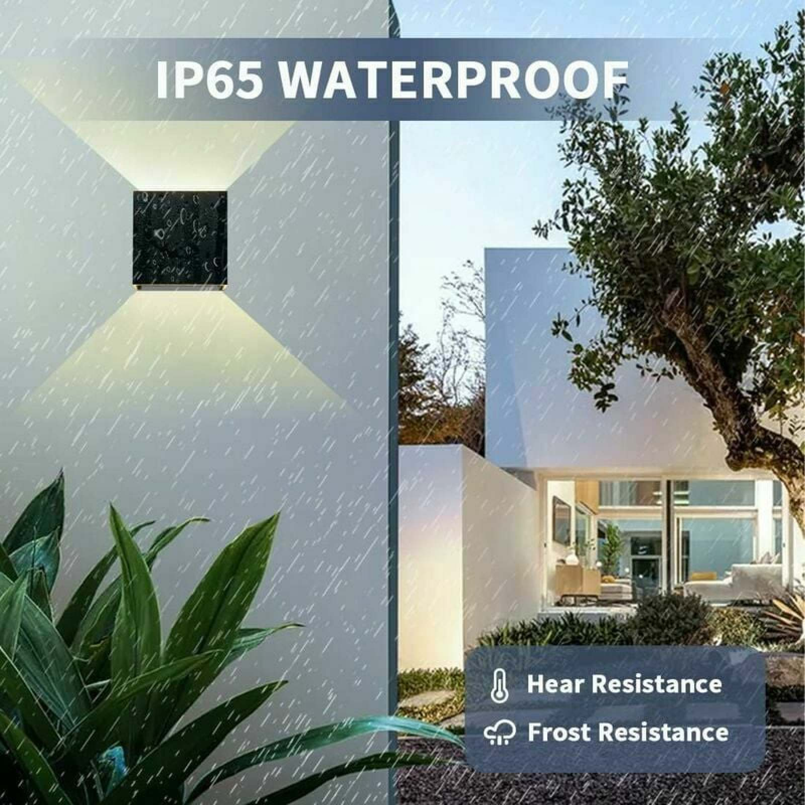 Wandleuchte mit IP65-Schutz vor einem modernen Haus im Regen.