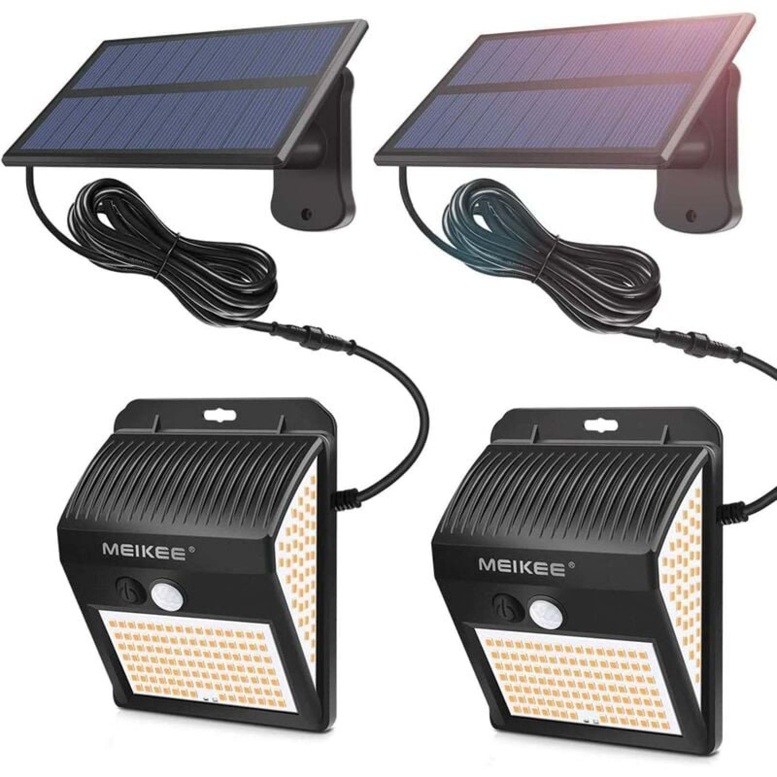 Zwei Solarpanel-Leuchten mit separaten Solarpanels und Kabeln.