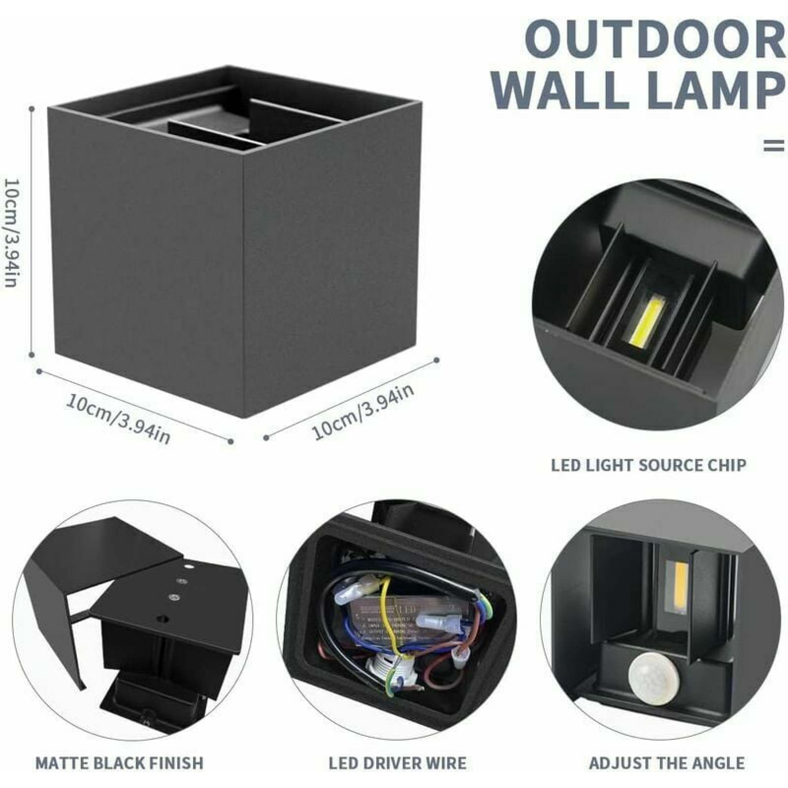 Schwarze Würfellampe mit LED, Maße 10x10cm. Details: LED-Chip, Kabel, Winkelverstellung.