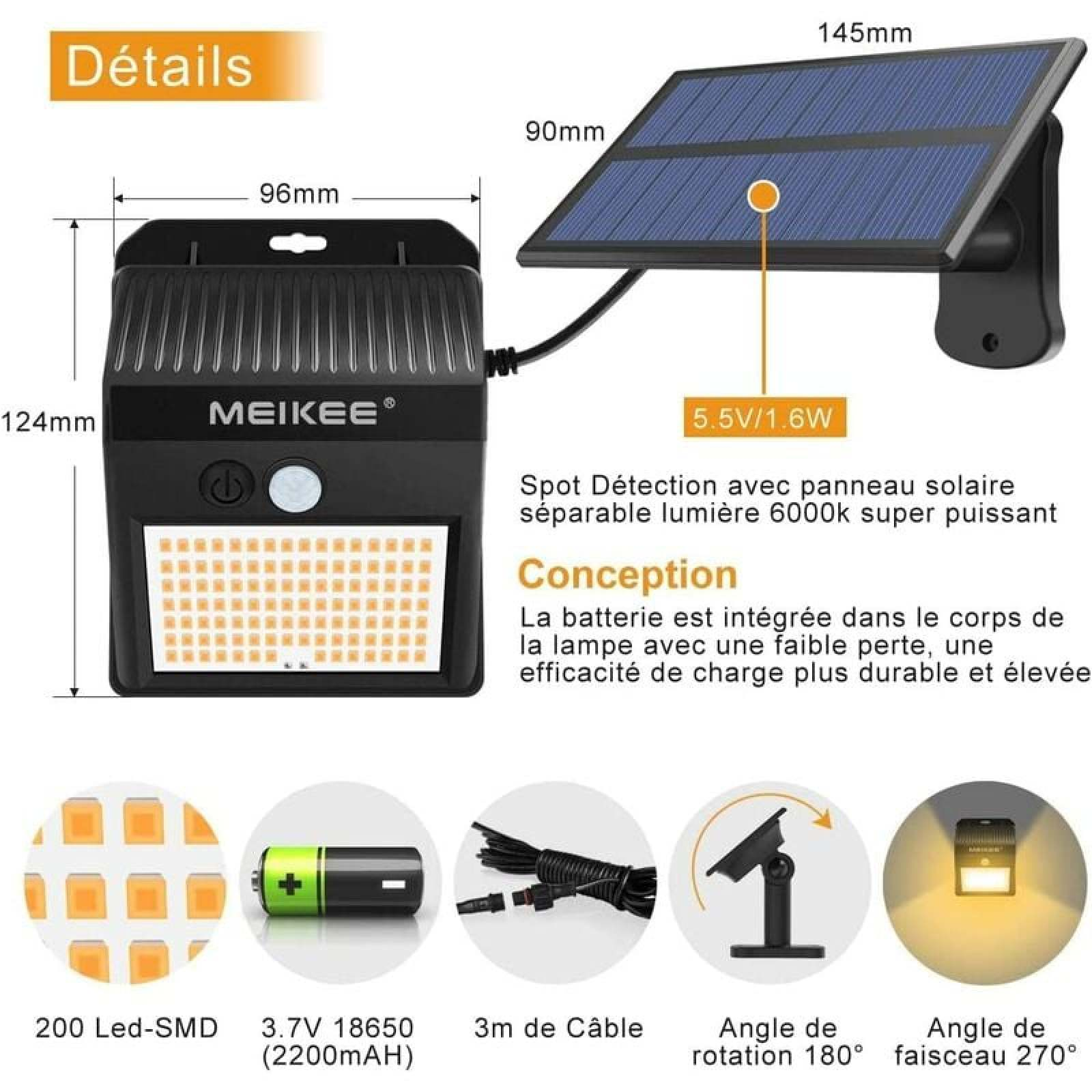 Technische Details: Solarleuchte mit 200 LEDs, 3,7V Batterie, 3m Kabel, 180° Drehung.