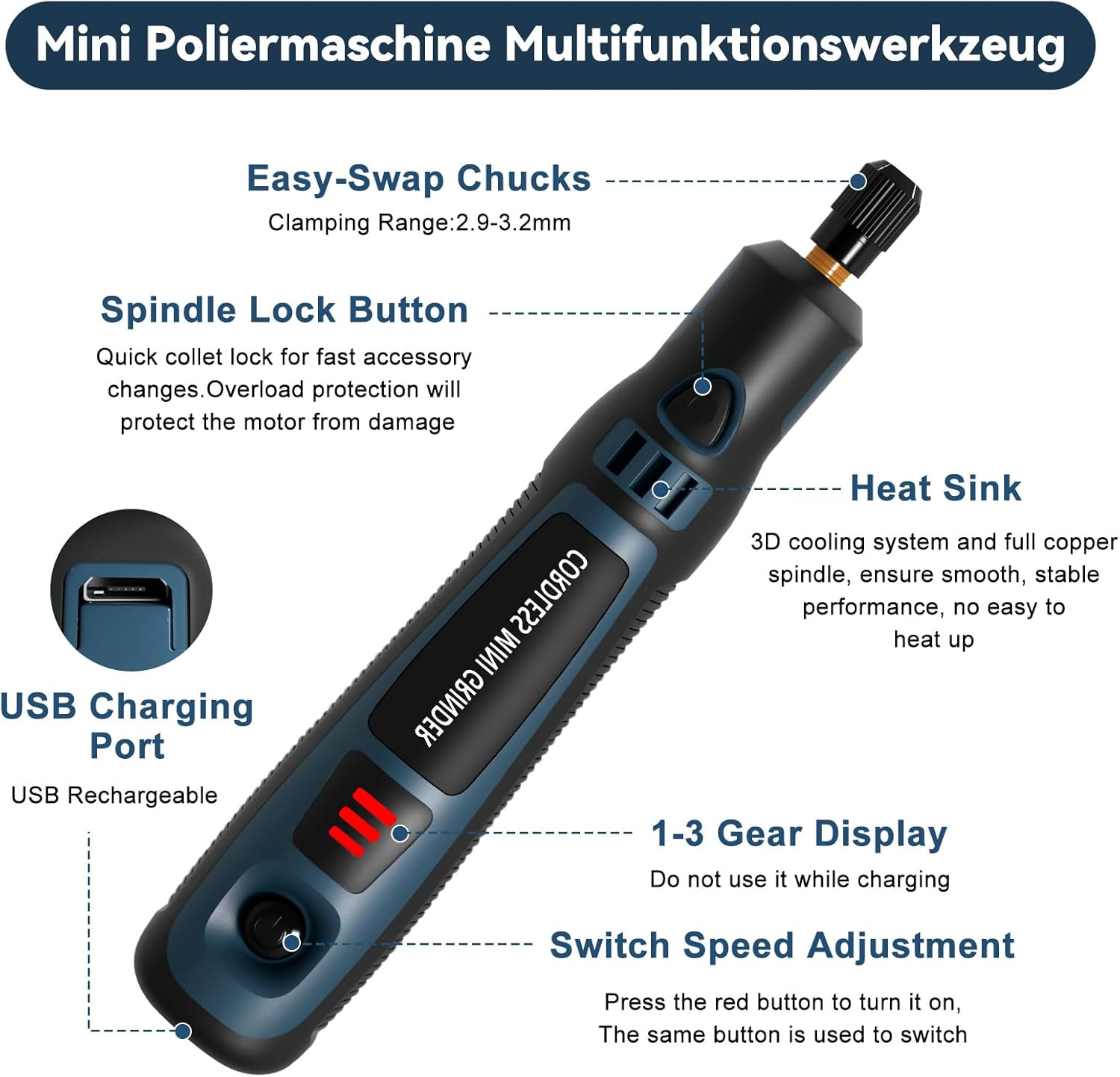 Ein blau-schwarzes Multifunktionswerkzeug mit USB-Anschluss und Beschriftungen.