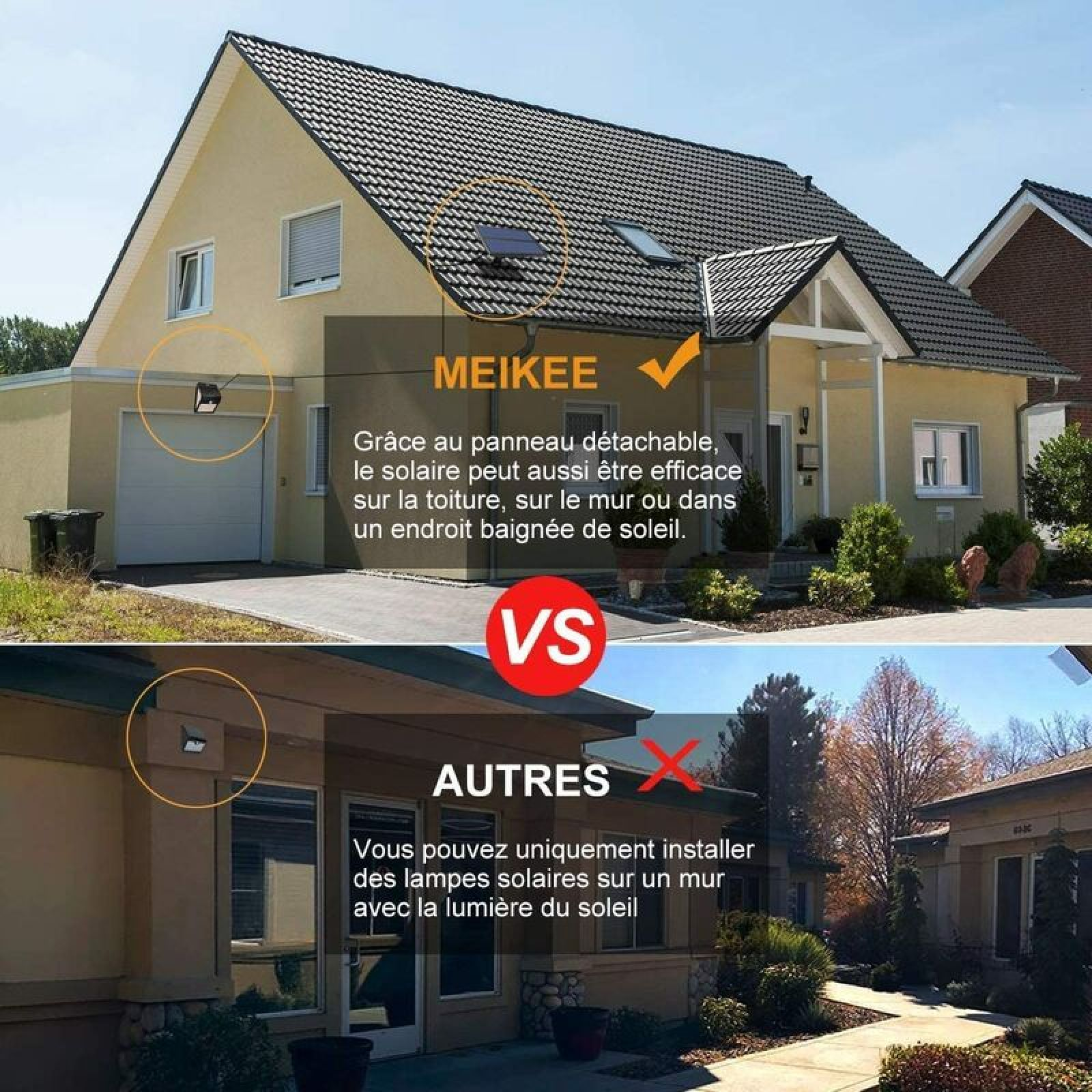 Haus mit Solarlampen: MEIKEE vs. Andere. Oberes Bild zeigt Haus mit abnehmbarem Panel.