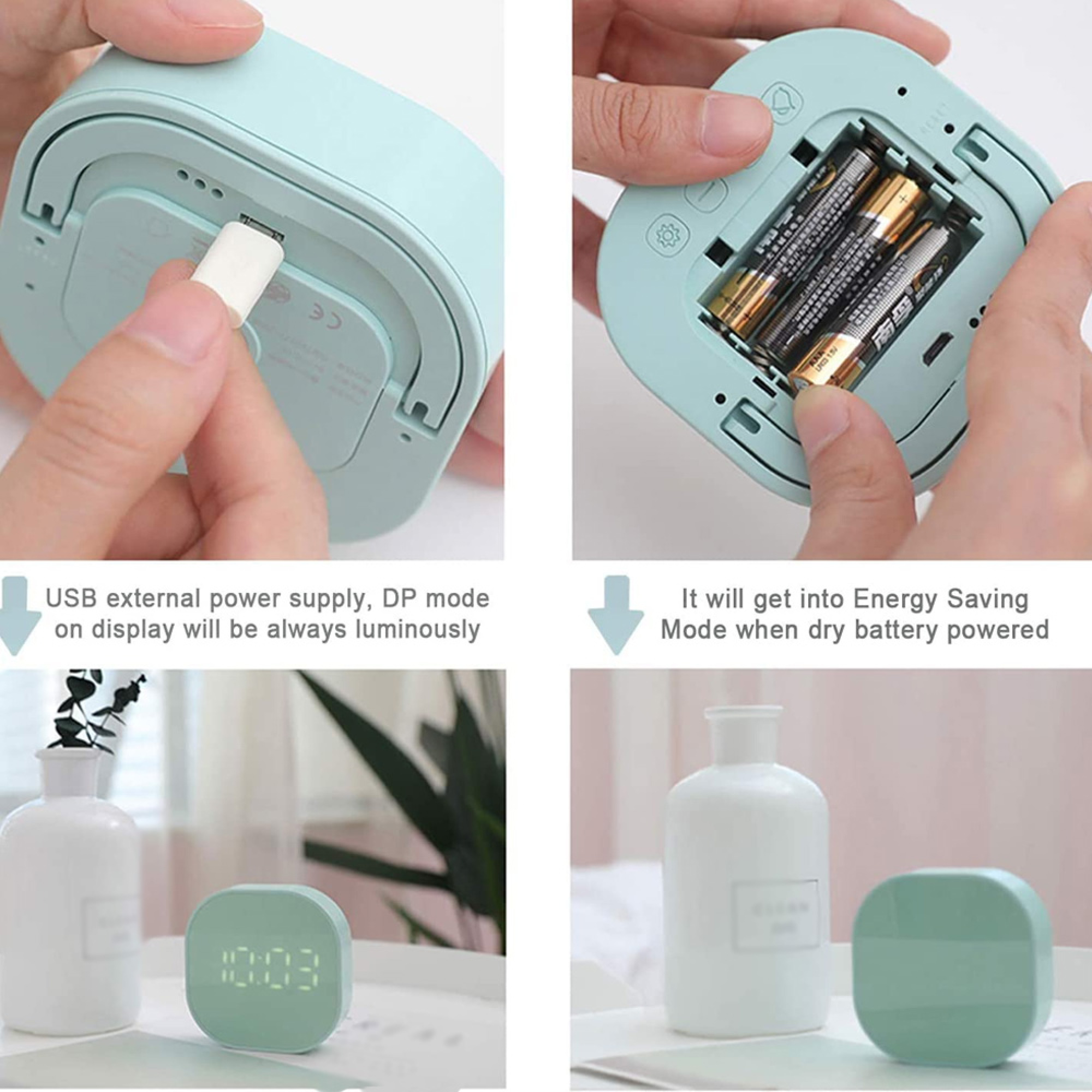 Ein mintgrüner Wecker wird mit USB und Batterien gezeigt.