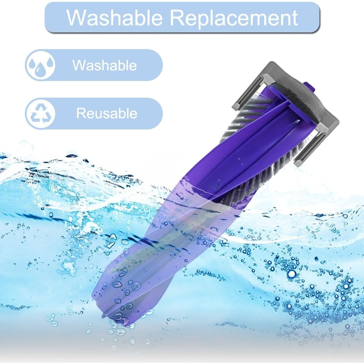 Lila Bürstenkopf wird in Wasser gewaschen. Beschriftung: Waschbar, Wiederverwendbar.