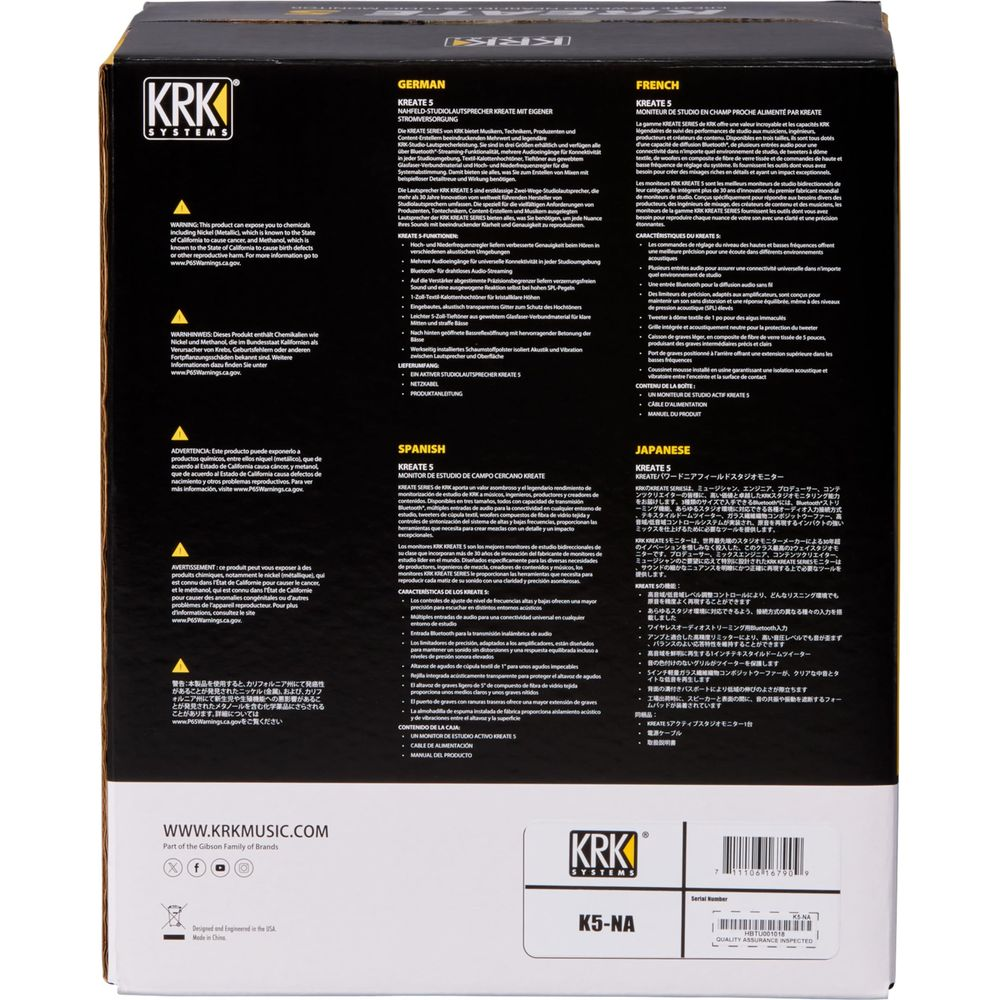 KRK KREATE 5 Studio-Lautsprecher-Verpackung mit mehrsprachigen Produktinformationen.