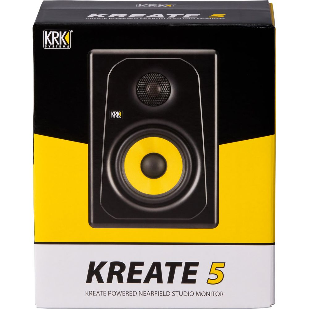 KRK Kreate 5 Studio Monitor auf schwarzer Verpackung mit gelben Akzenten.