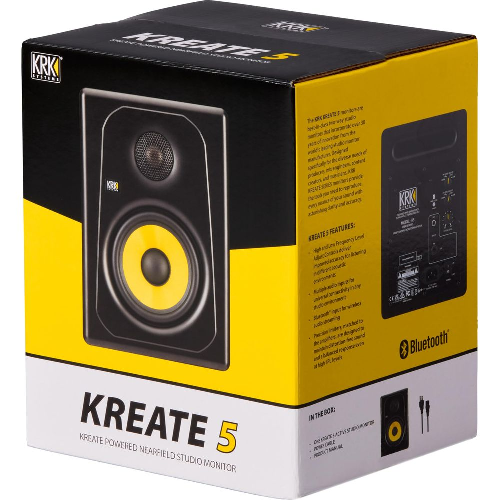 Verpackung eines KRK KREATE 5 Studio-Monitors mit gelbem Akzent und Lautsprecherdetails.