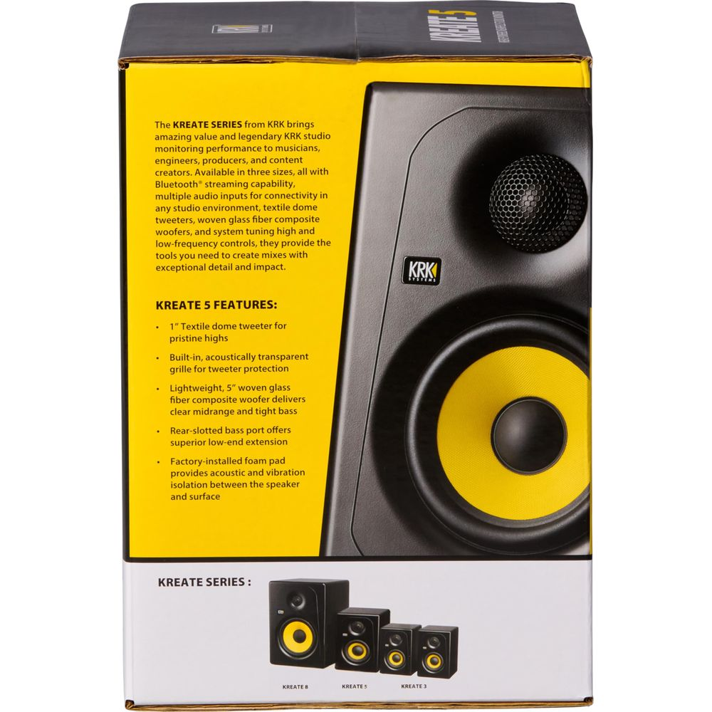 KRK KREATE 5 Lautsprecherbox auf gelber Verpackung mit Produktmerkmalen.