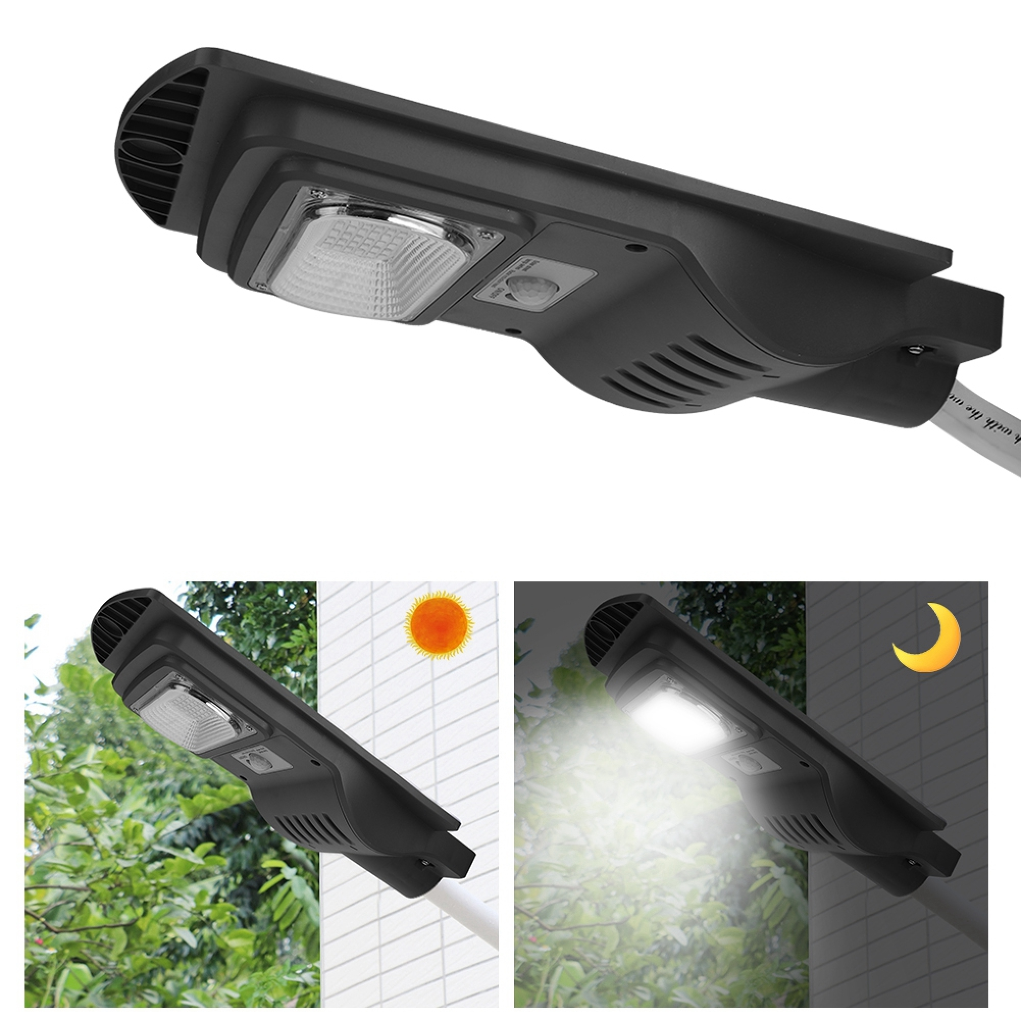 Schwarze Solarleuchte bei Tag und Nacht. Zeigt Sonne und Mond.
