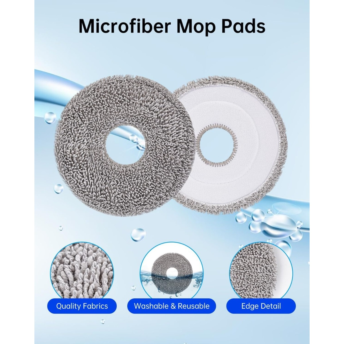 Zwei runde graue Mikrofaser-Mopppads mit zentralem Loch, eines flauschig, das andere mit weißer Rückseite.