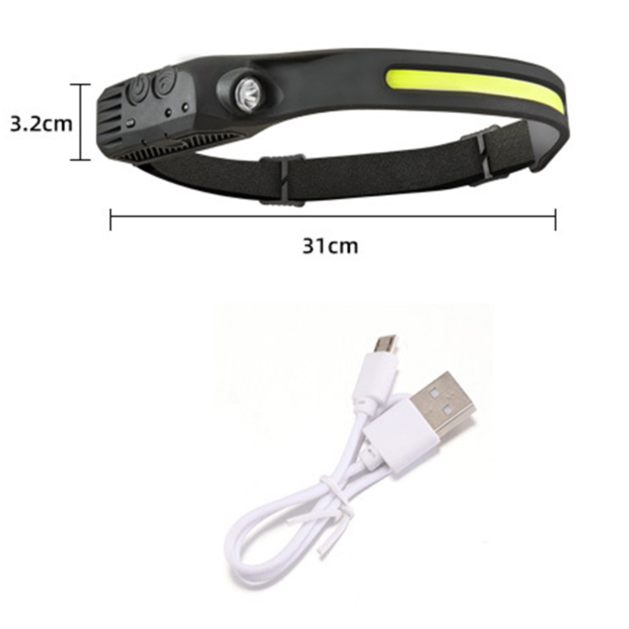 Schwarzes Stirnband mit gelber Leuchtleiste, 3,2x31cm, und weißem USB-Kabel.