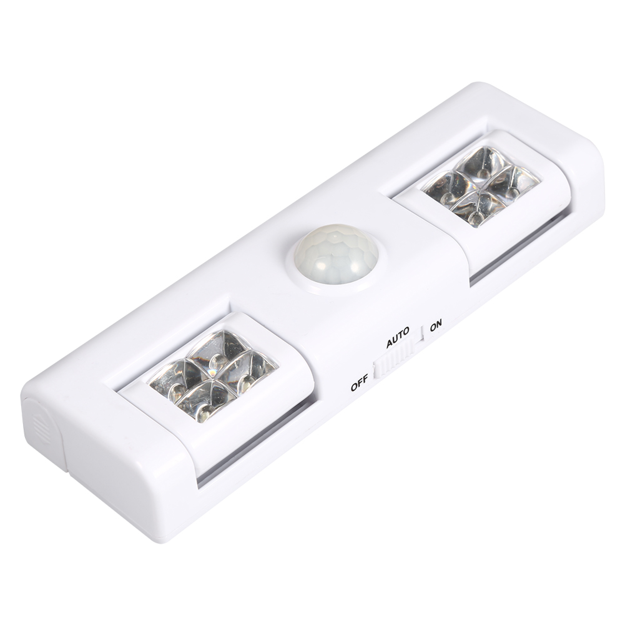 Ein weißes LED-Bewegungsmelderlicht mit zwei Lampen und einem Sensor.
