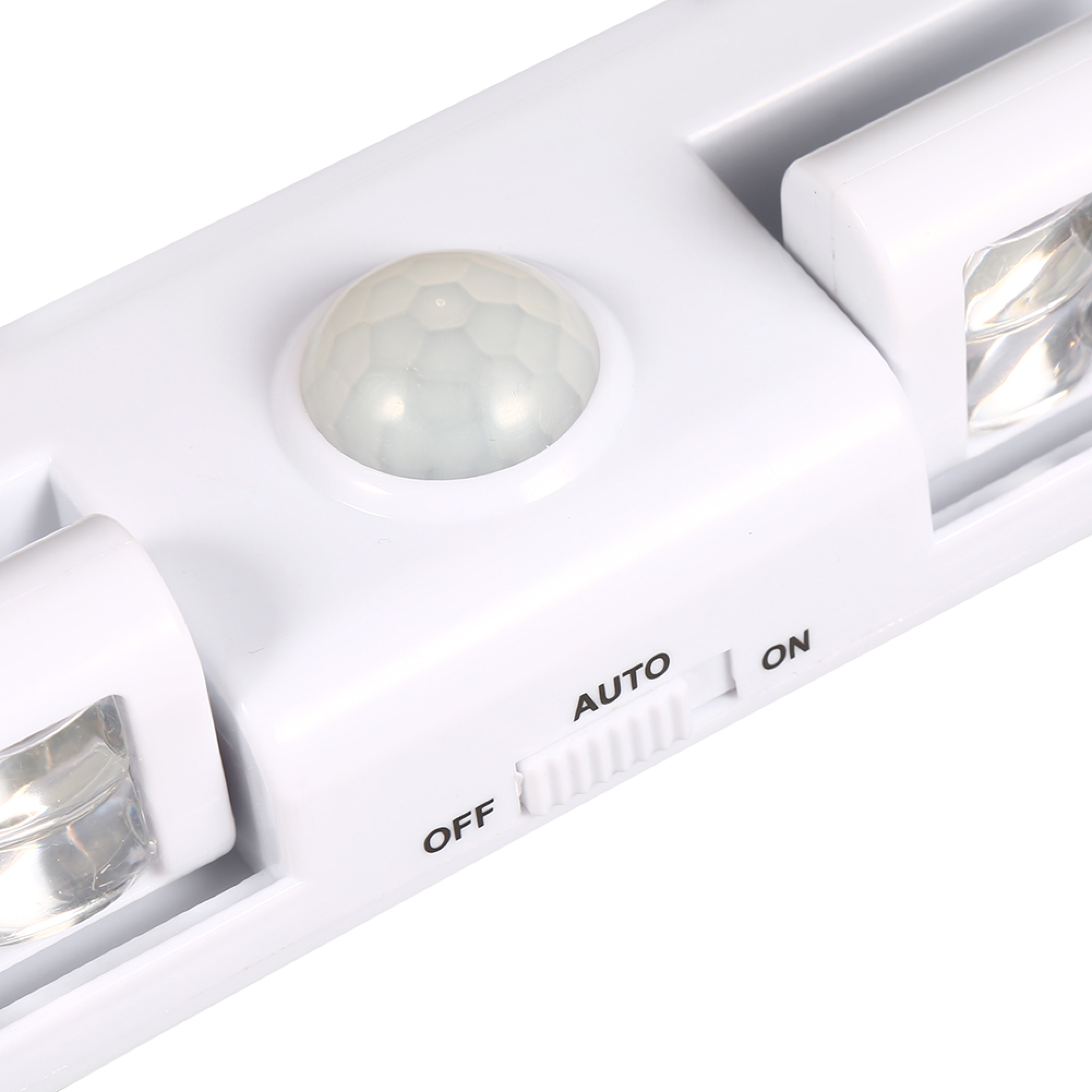 Weiße LED-Leiste mit Bewegungsmelder, zwei Lichtern und Sensor.