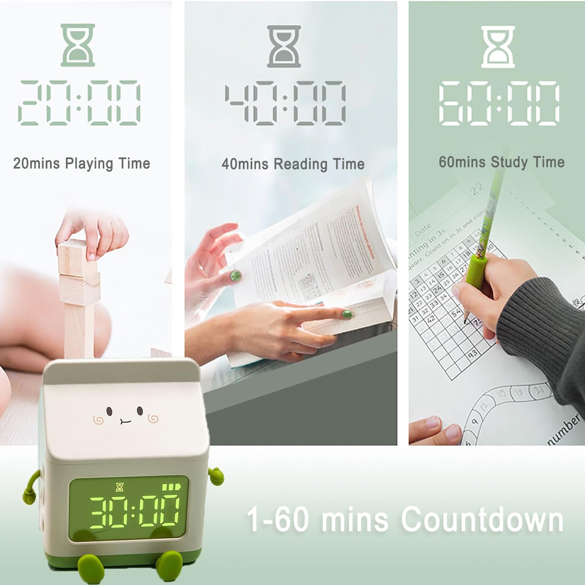 Ein Timer zeigt 20 Min. Spielzeit, 40 Min. Lesezeit, 60 Min. Lernzeit. Ein Wecker steht im Vordergrund.