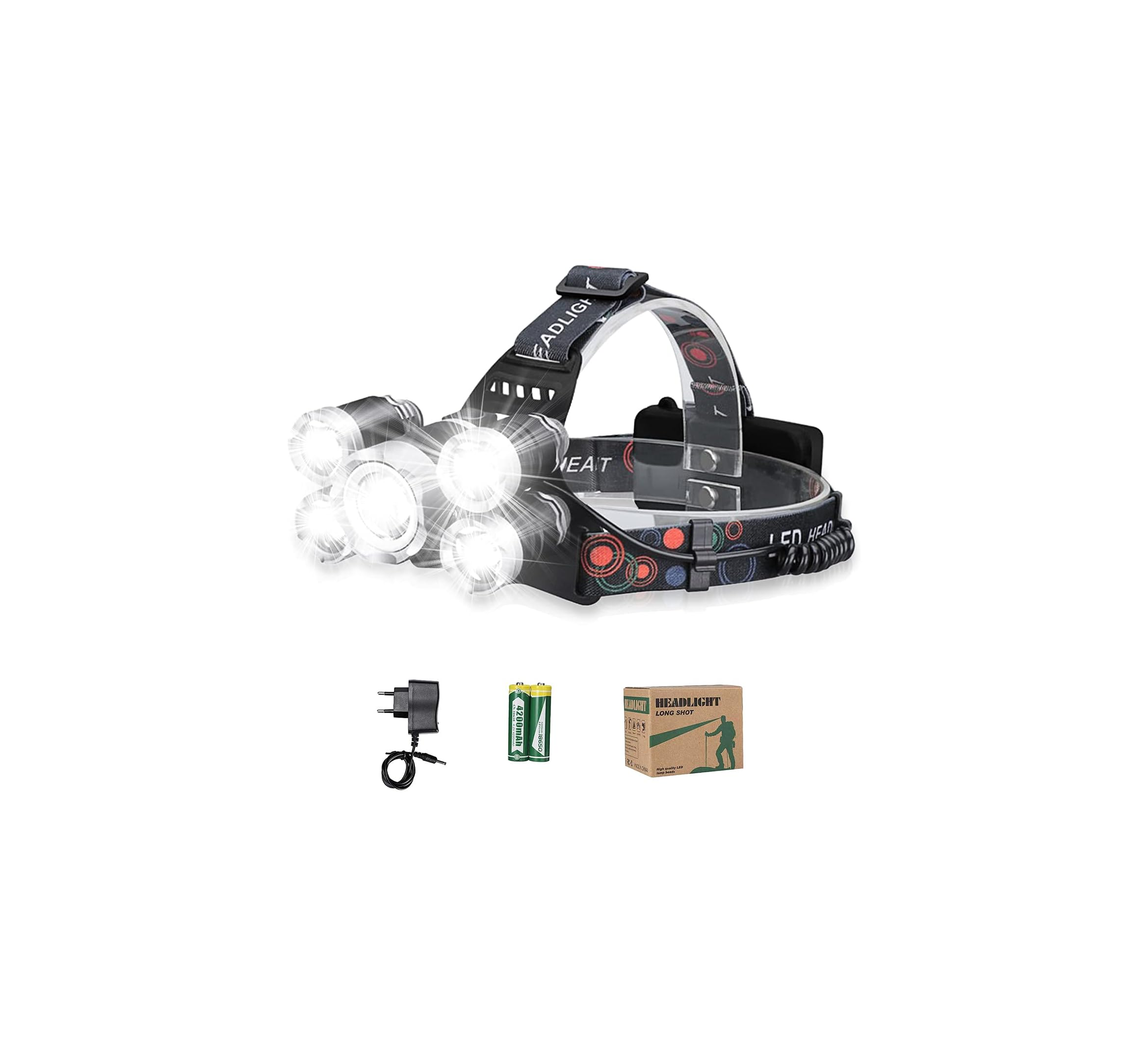 Stirnlampe mit fünf Lichtern, Ladegerät, Batterien und Karton.