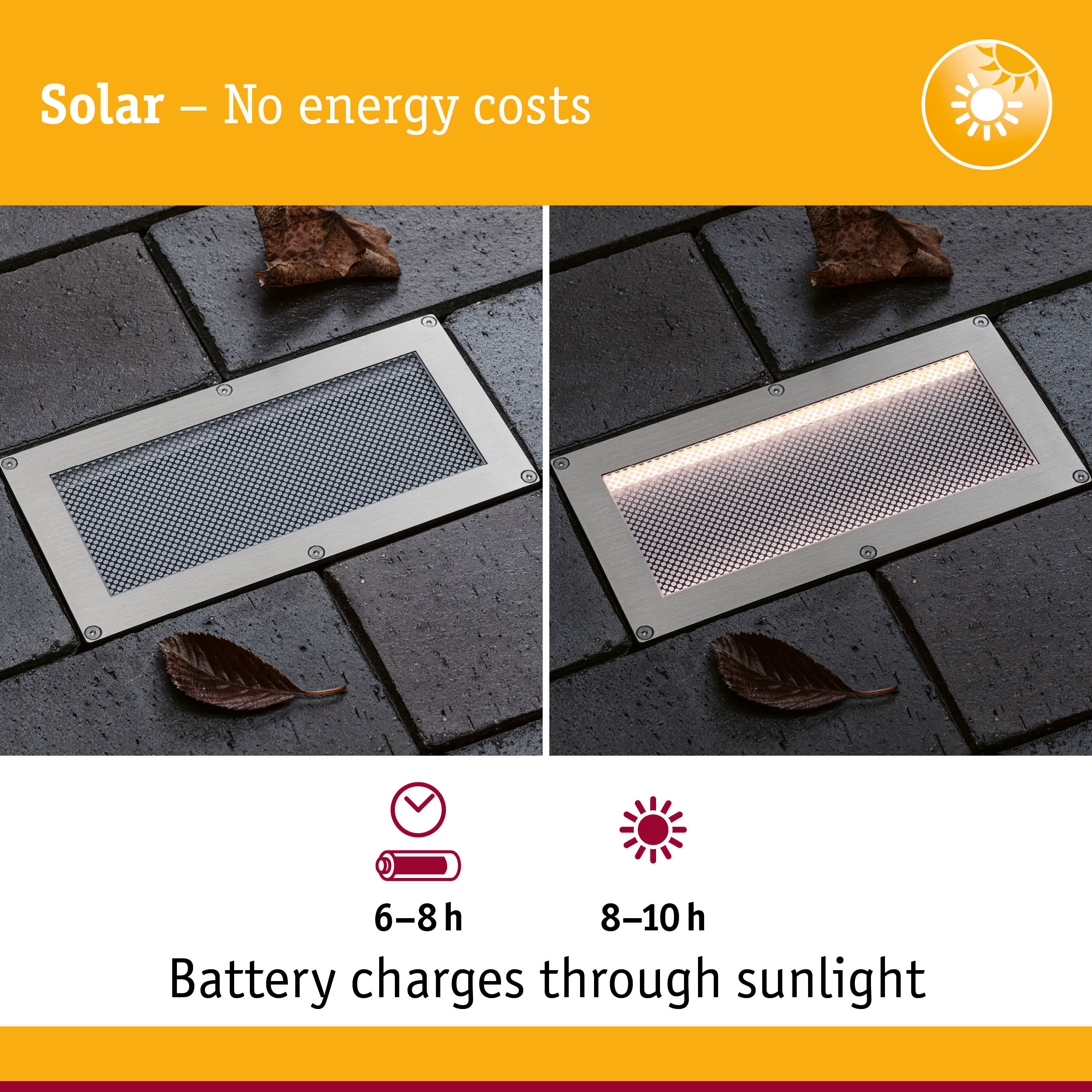 Solar-Leuchte auf Kopfsteinpflaster, einmal aus, einmal an.