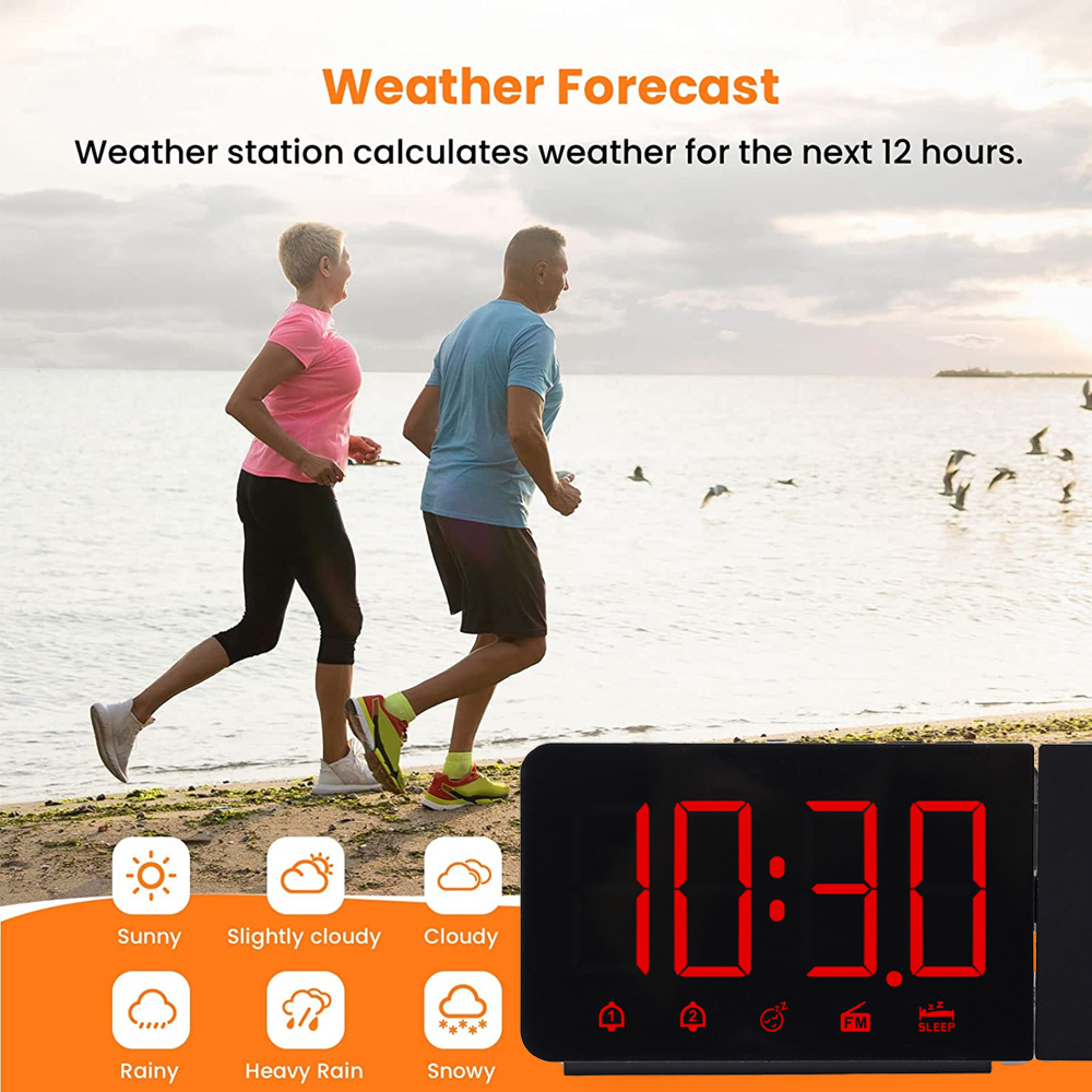 Zwei Läufer am Strand, Wettervorhersage-Icons und eine Digitaluhr.