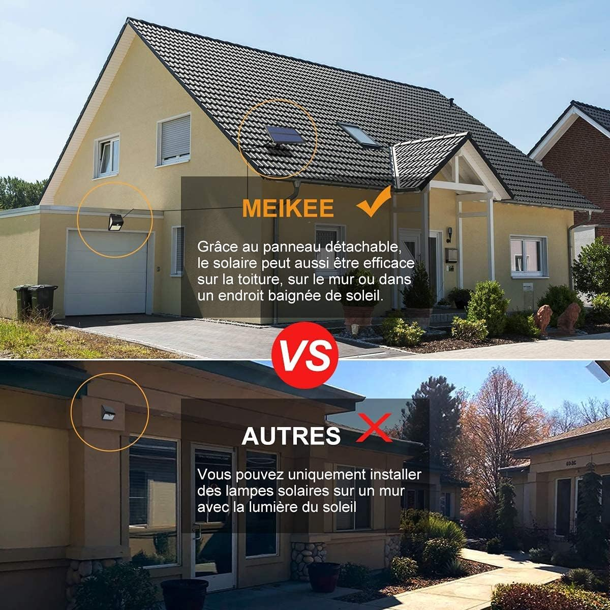 Oben: Haus mit MEIKEE Solarleuchte, abnehmbares Panel. Unten: Haus mit herkömmlichen Solarleuchten.