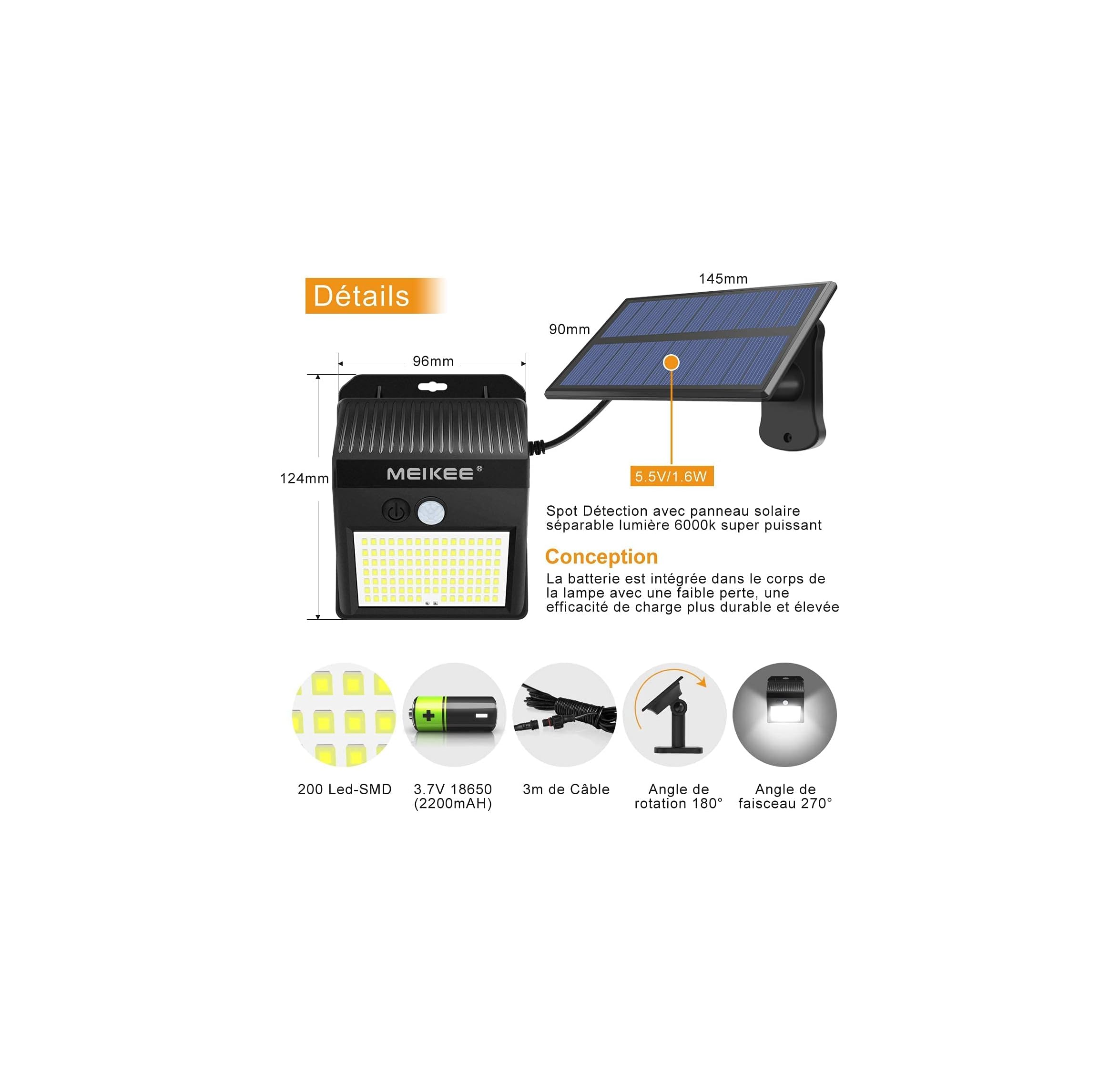 Solarleuchte mit abnehmbarem Panel, 200 LEDs, 6000k, 18650 Akku.