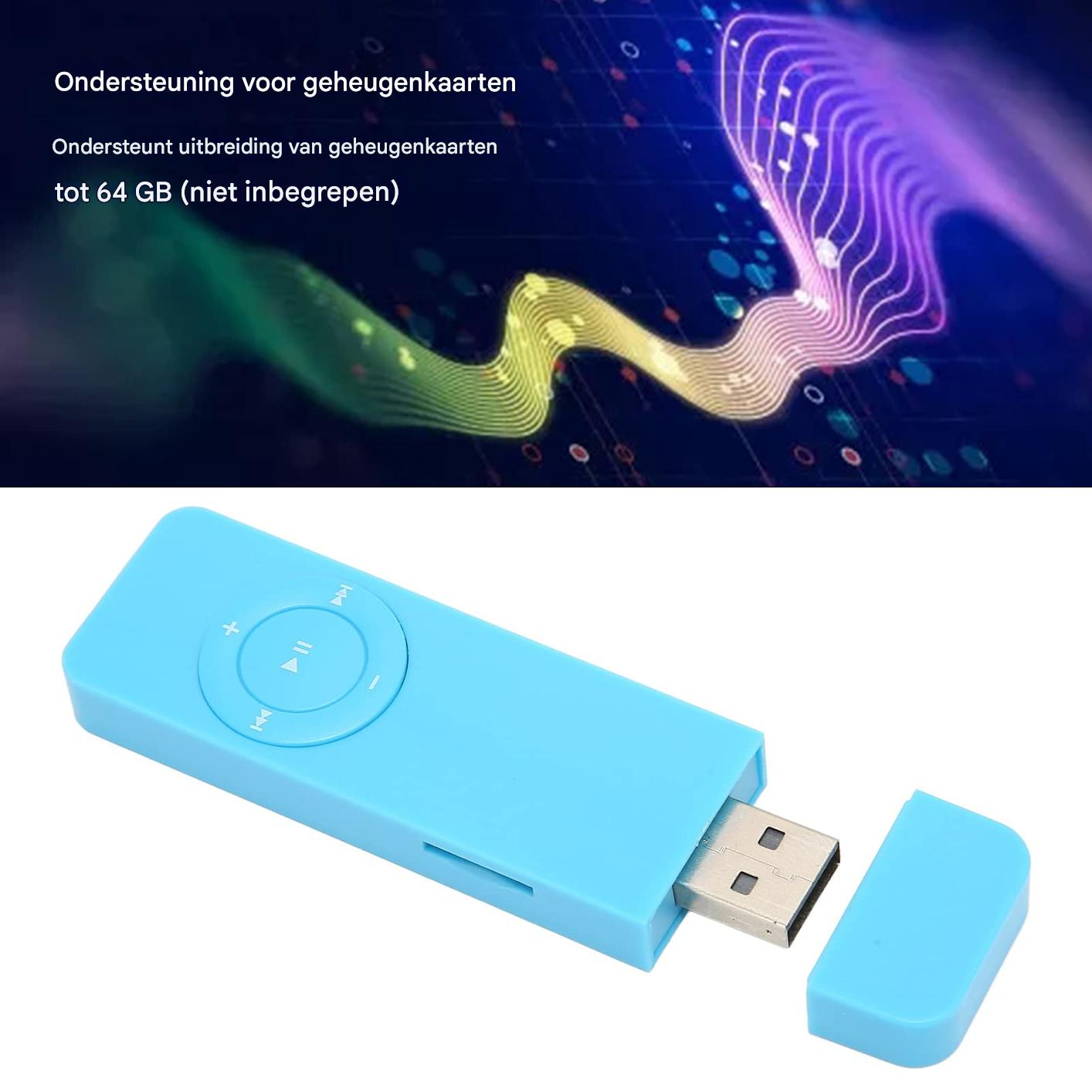 Ein hellblauer USB-Musikplayer mit Bedienelementen und einem ausziehbaren USB-Anschluss.