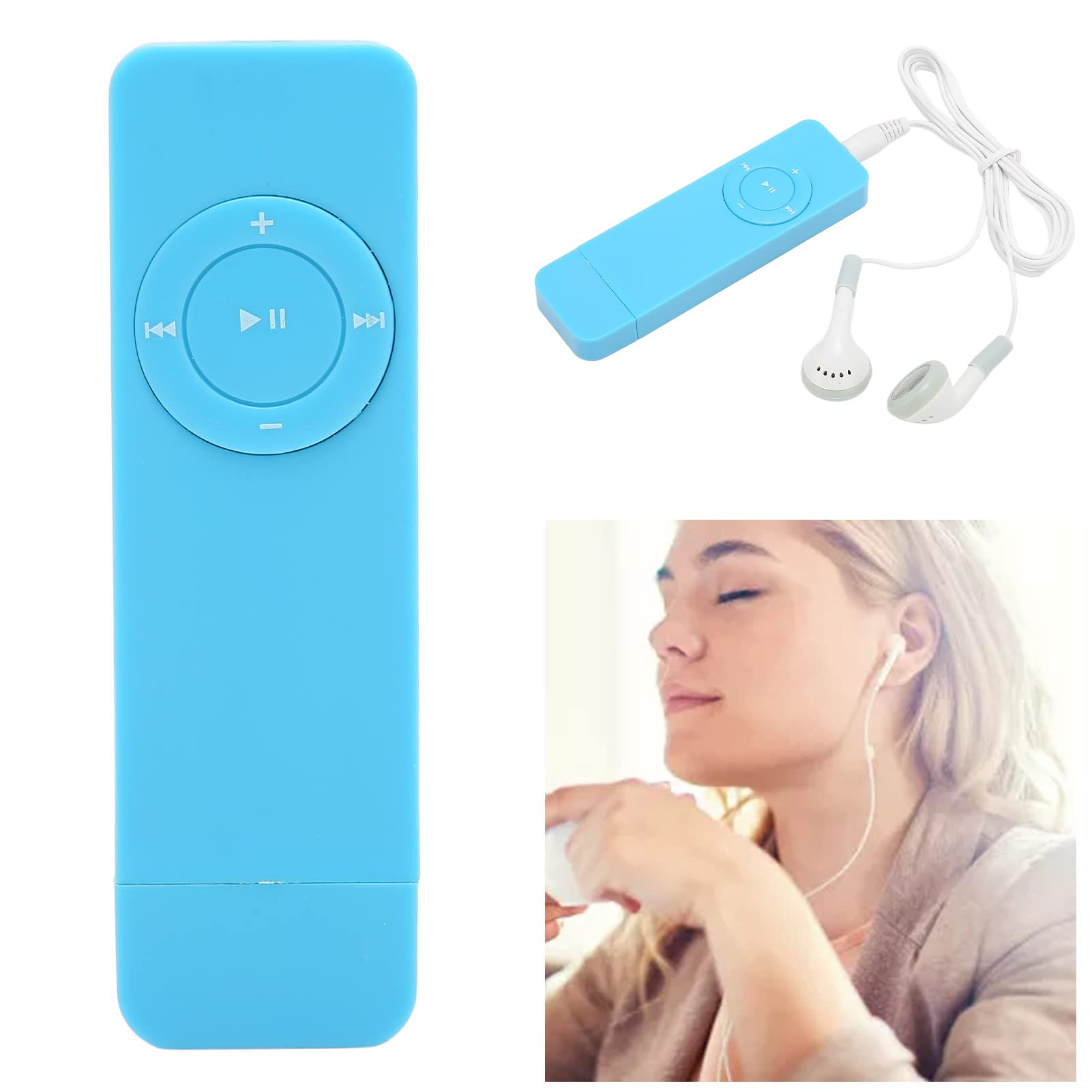 Ein blaues MP3-Gerät mit Kopfhörern und eine Frau, die Musik hört.