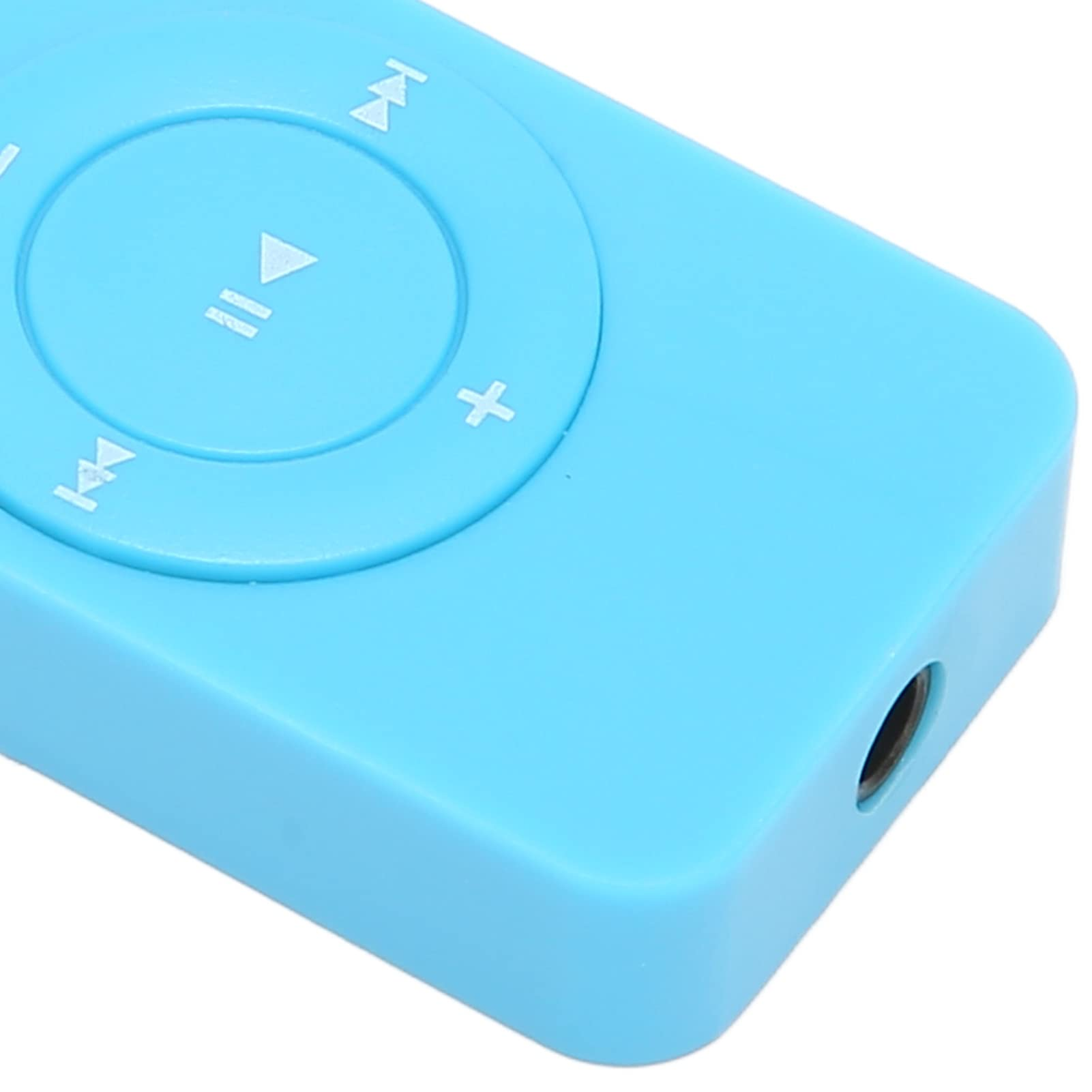 Ein hellblaues Audiogerät mit Wiedergabe-/Pause- und Vor-/Zurück-Tasten.