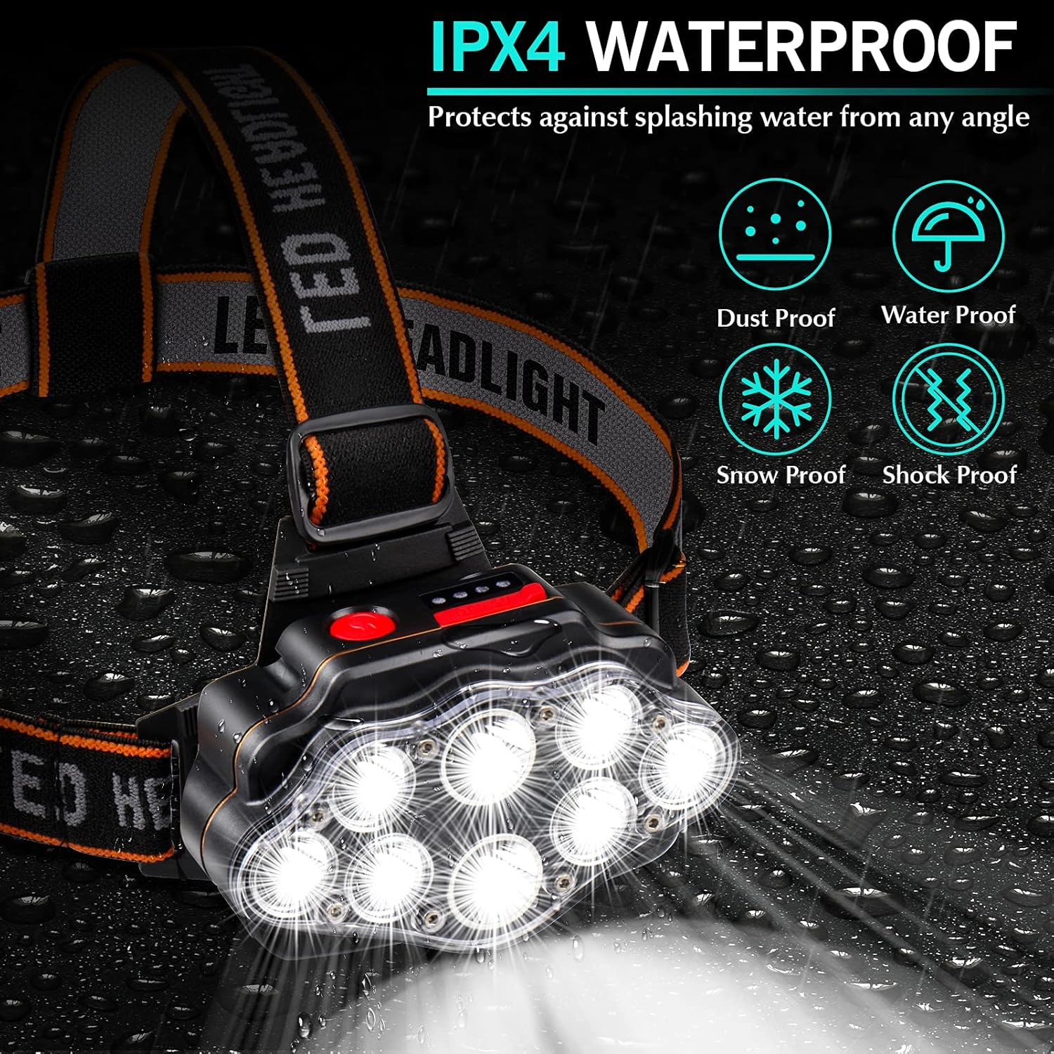 Stirnlampe mit mehreren LEDs, IPX4 wasserdicht, staub-, schnee- und stoßfest.