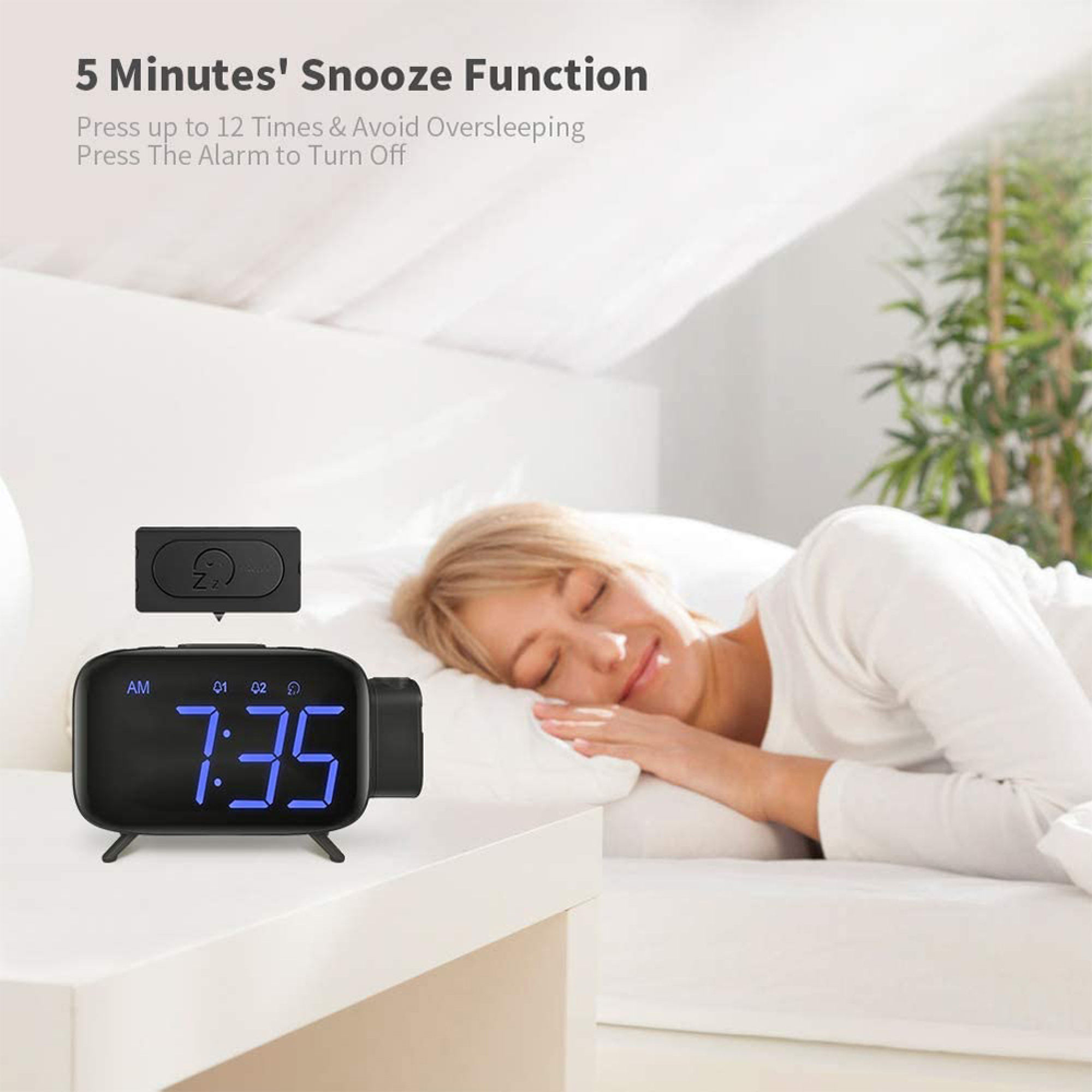 Eine Frau schläft, ein Wecker zeigt 7:35 an. Ein Snooze-Knopf liegt daneben.