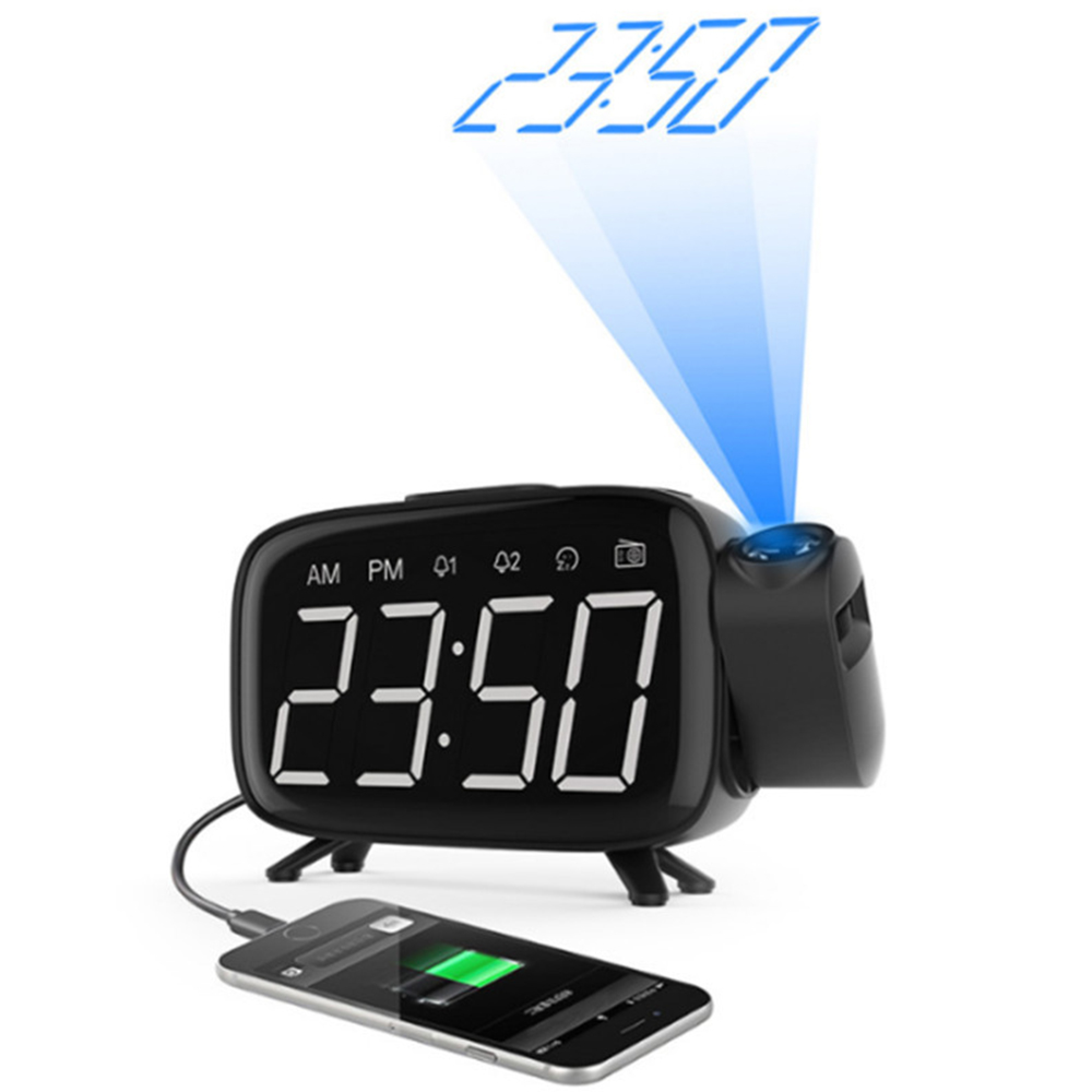 Ein schwarzer Projektionswecker mit blauem Licht zeigt 23:50 an. Ein Handy lädt.