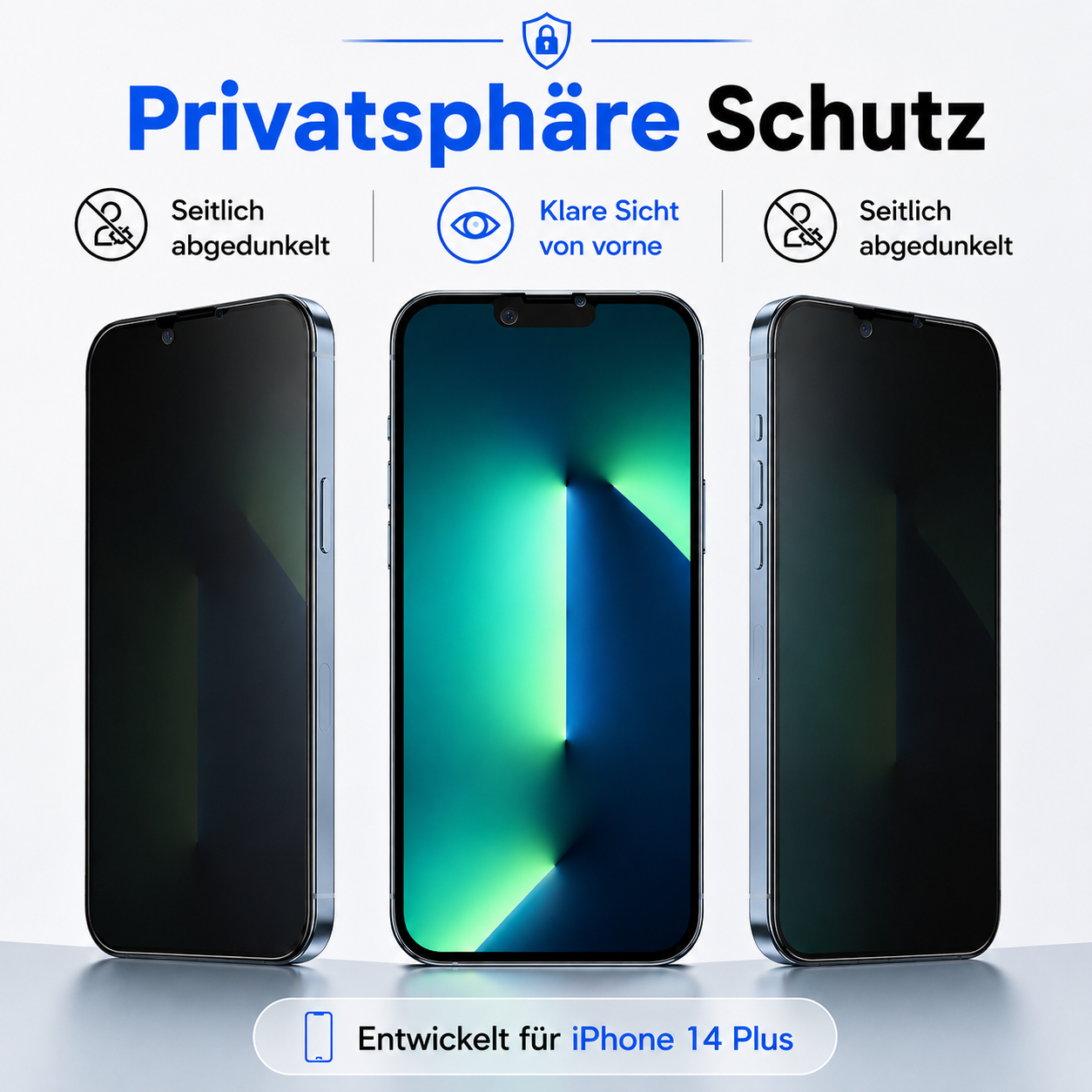 Drei iPhones zeigen Privatsphäre-Schutz: zwei seitlich abgedunkelt, eins klar.