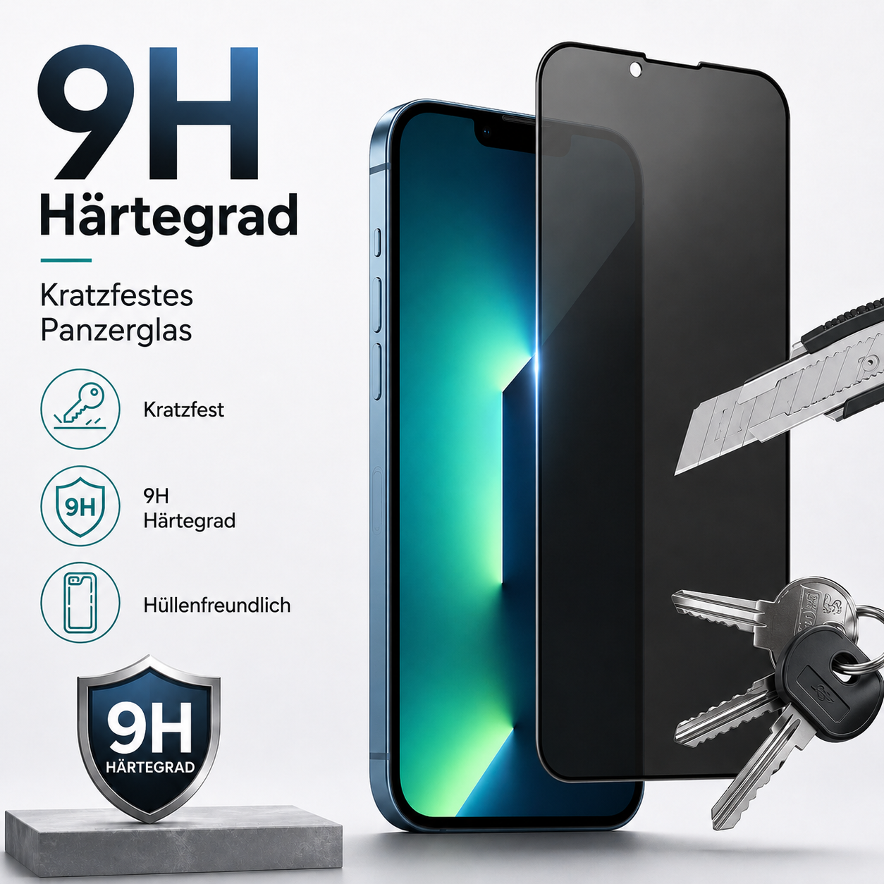 Schutzfolie für ein Smartphone mit 9H Härtegrad, Kratzfestigkeit und Schlüssel.