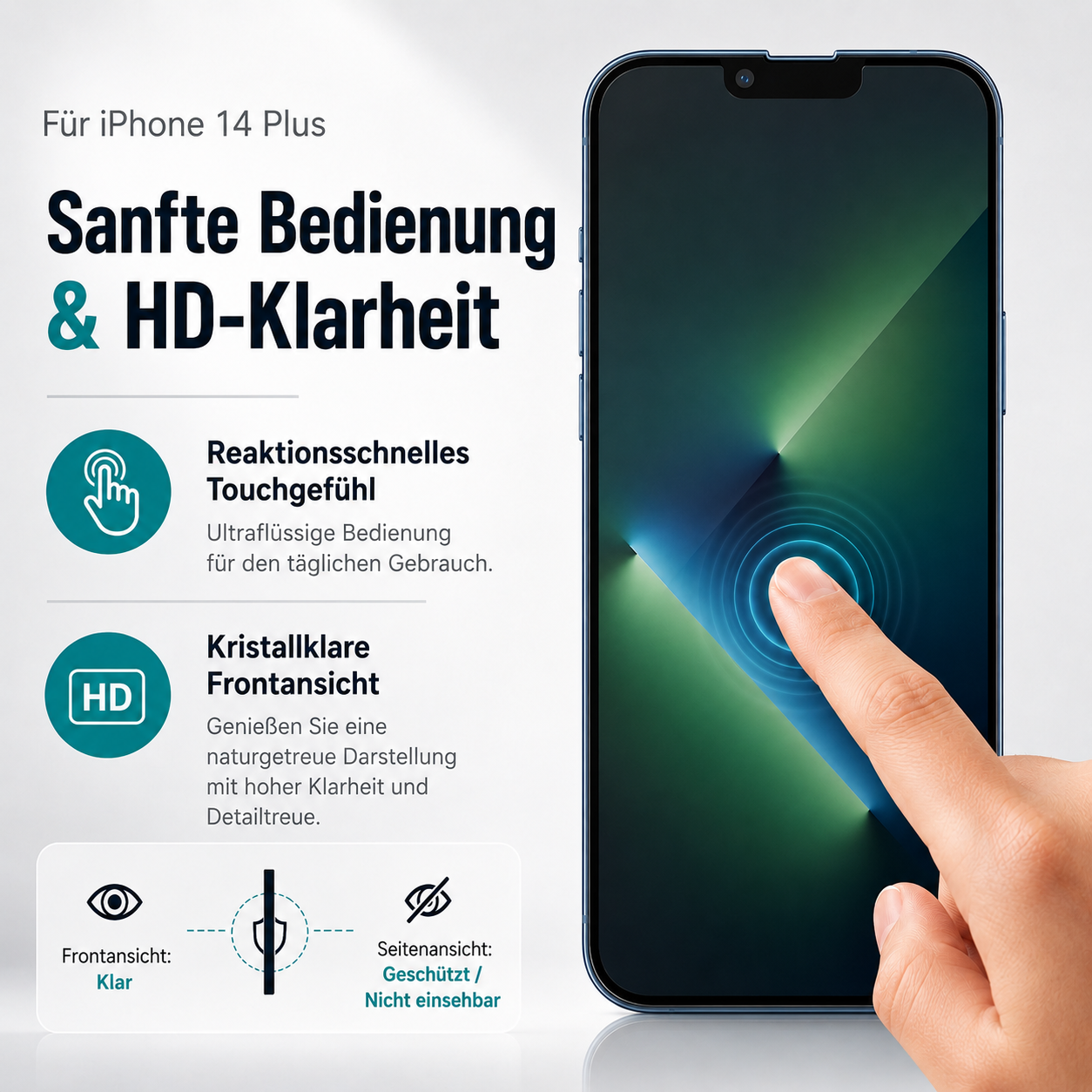 iPhone 14 Plus mit Finger auf dem Bildschirm, sanfte Bedienung und HD-Klarheit.