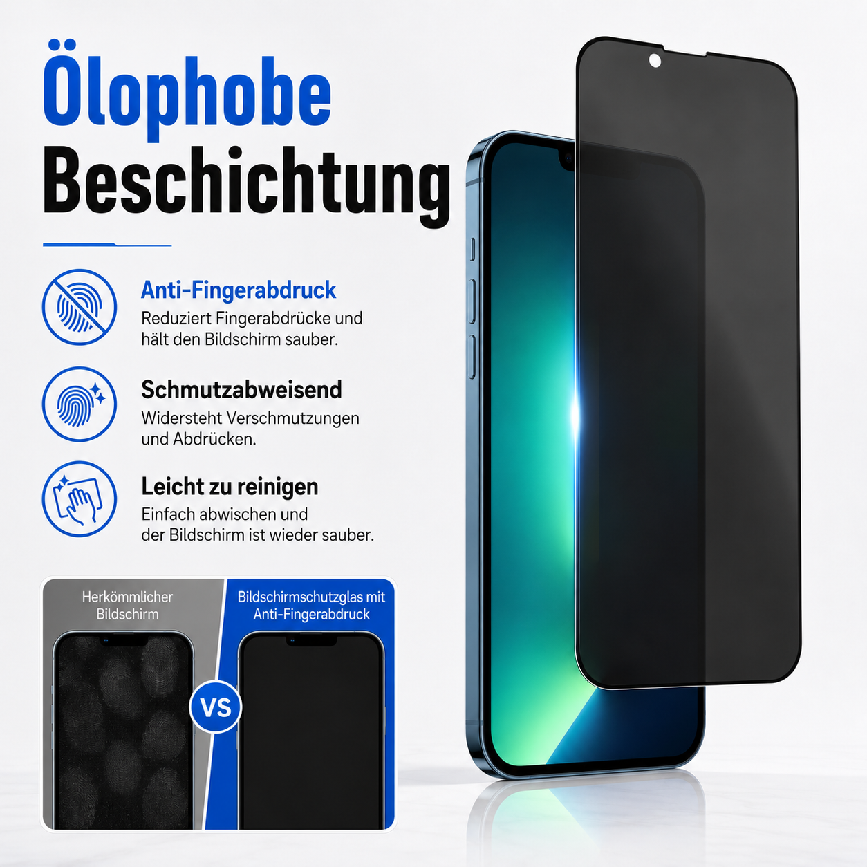 Bildschirmfolie mit ölphober Beschichtung, die Fingerabdrücke reduziert und Schmutz abweist.