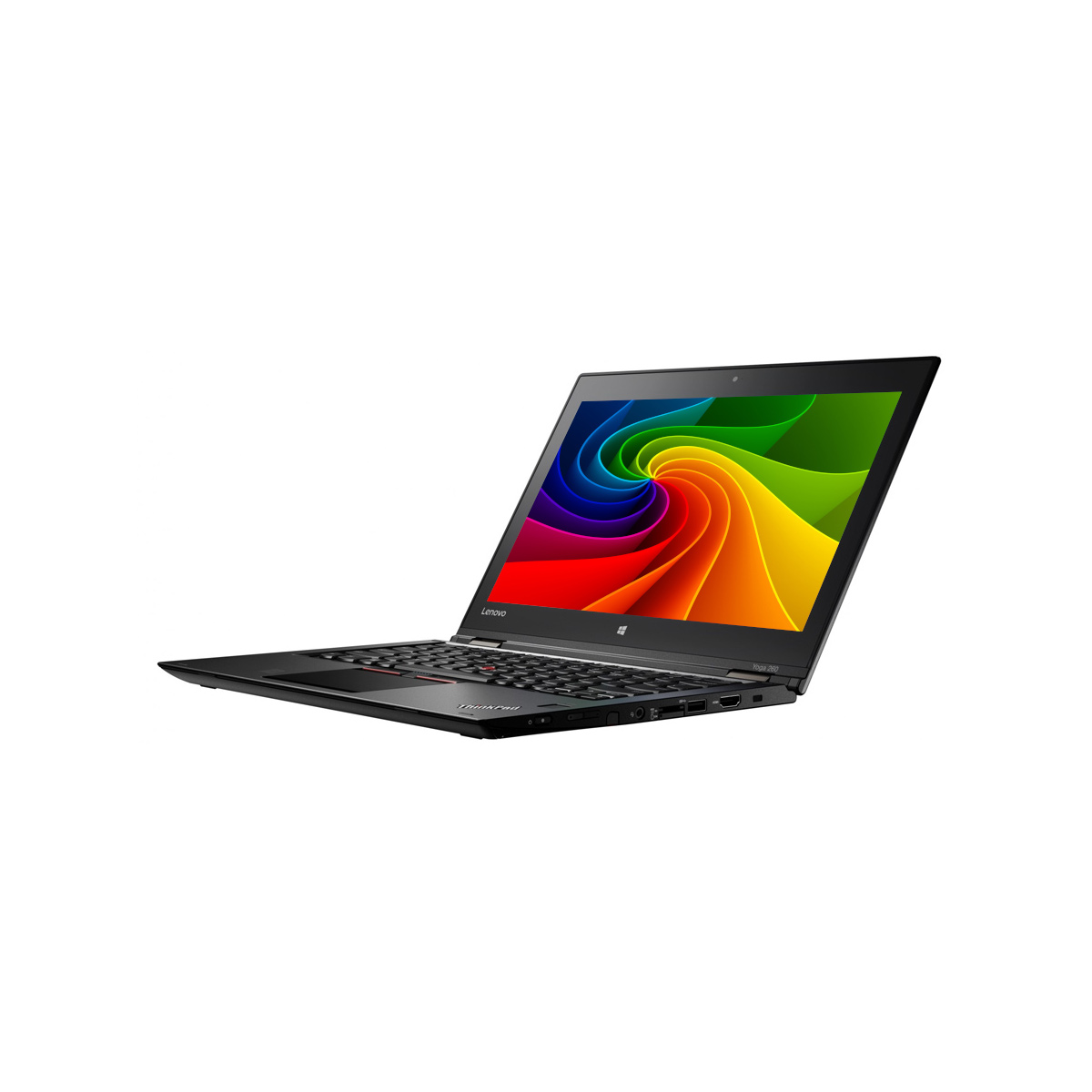 Schwarzer Lenovo Laptop mit einem bunten Farbstrudel auf dem Bildschirm.