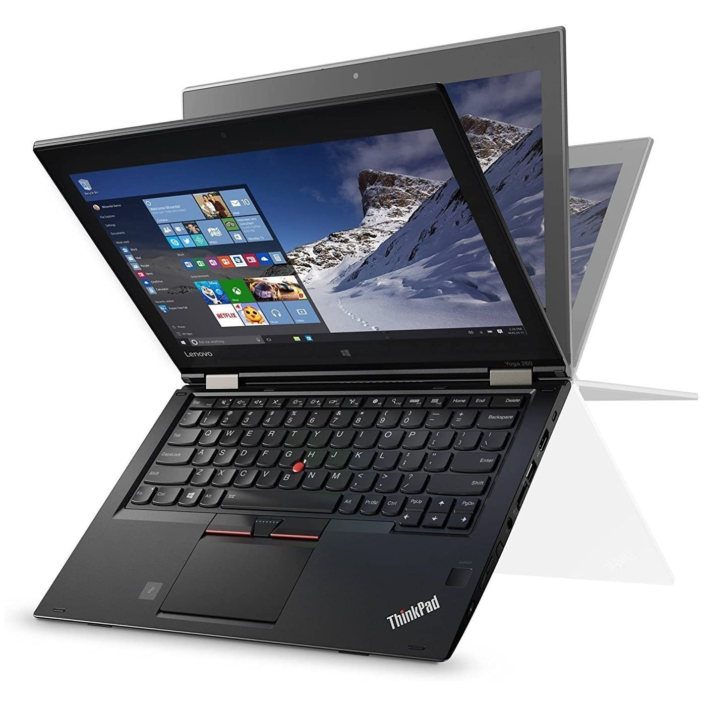 Ein geöffnetes schwarzes Lenovo ThinkPad Yoga 260 Convertible-Notebook mit schneebedeckten Bergen auf dem Bildschirm.