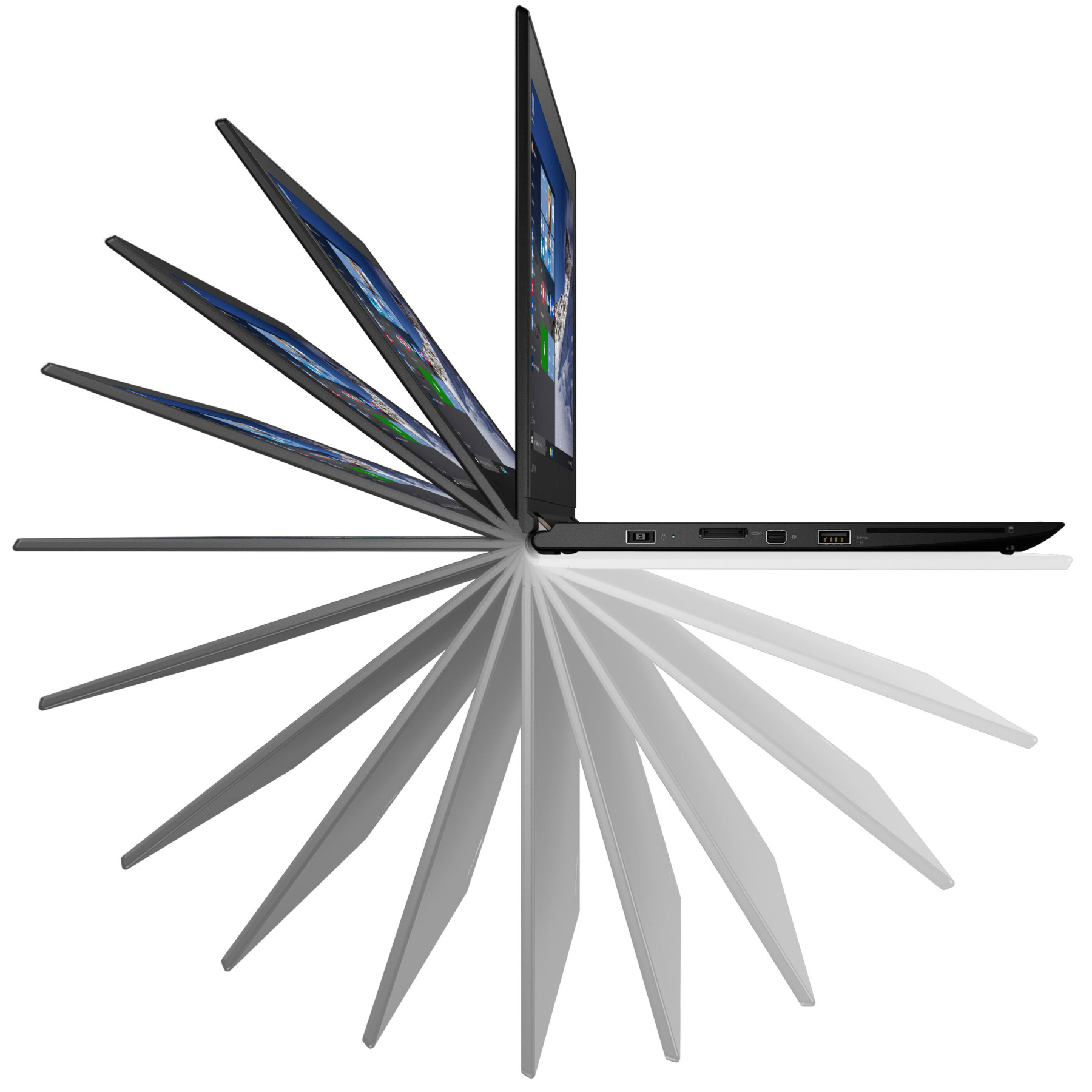 Ein Laptop wird in verschiedenen Winkeln gezeigt, von flach bis aufrecht, auf weißem Hintergrund.