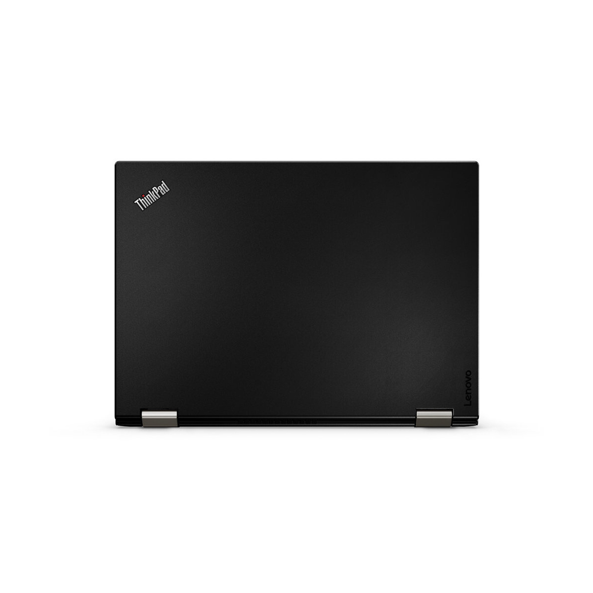 Schwarzer Lenovo ThinkPad Laptop, geschlossen, mit silbernen Scharnieren.
