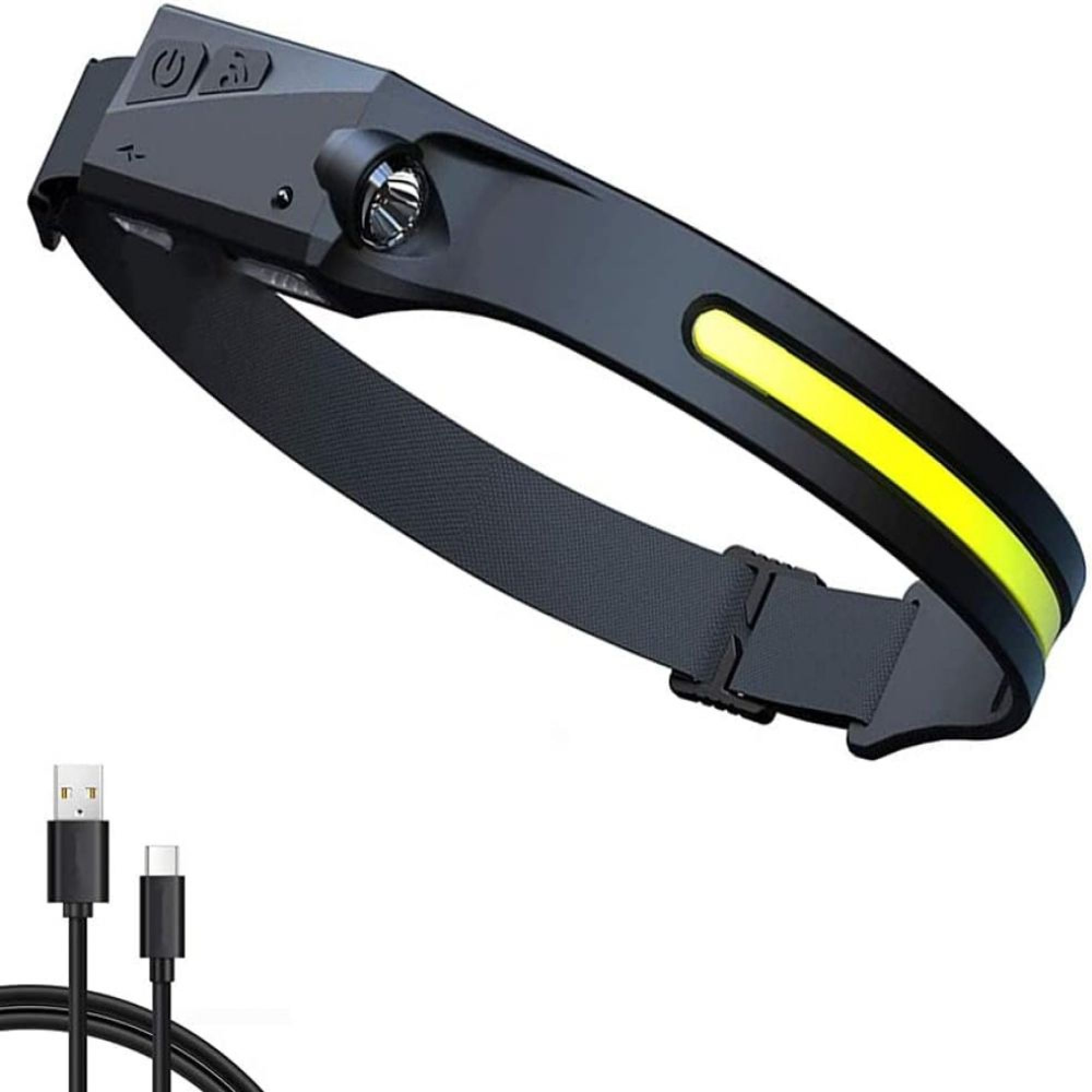 Schwarzes Stirnband mit LED-Licht und USB-Kabel. Ein gelber Streifen ist sichtbar.