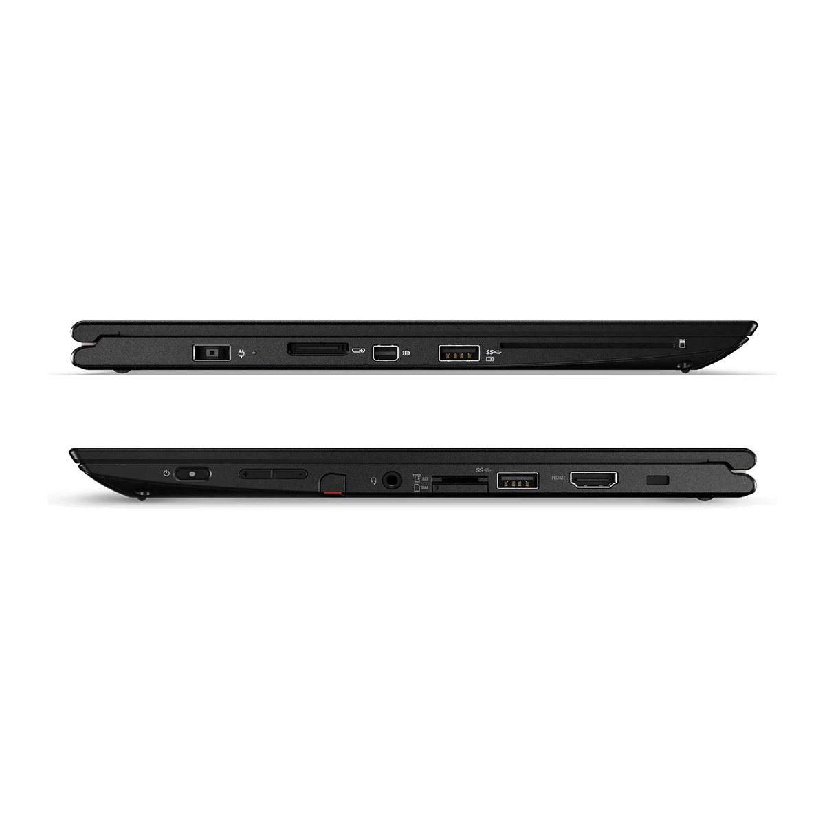 Zwei Ansichten eines schwarzen Laptops von der Seite mit Anschlüssen.