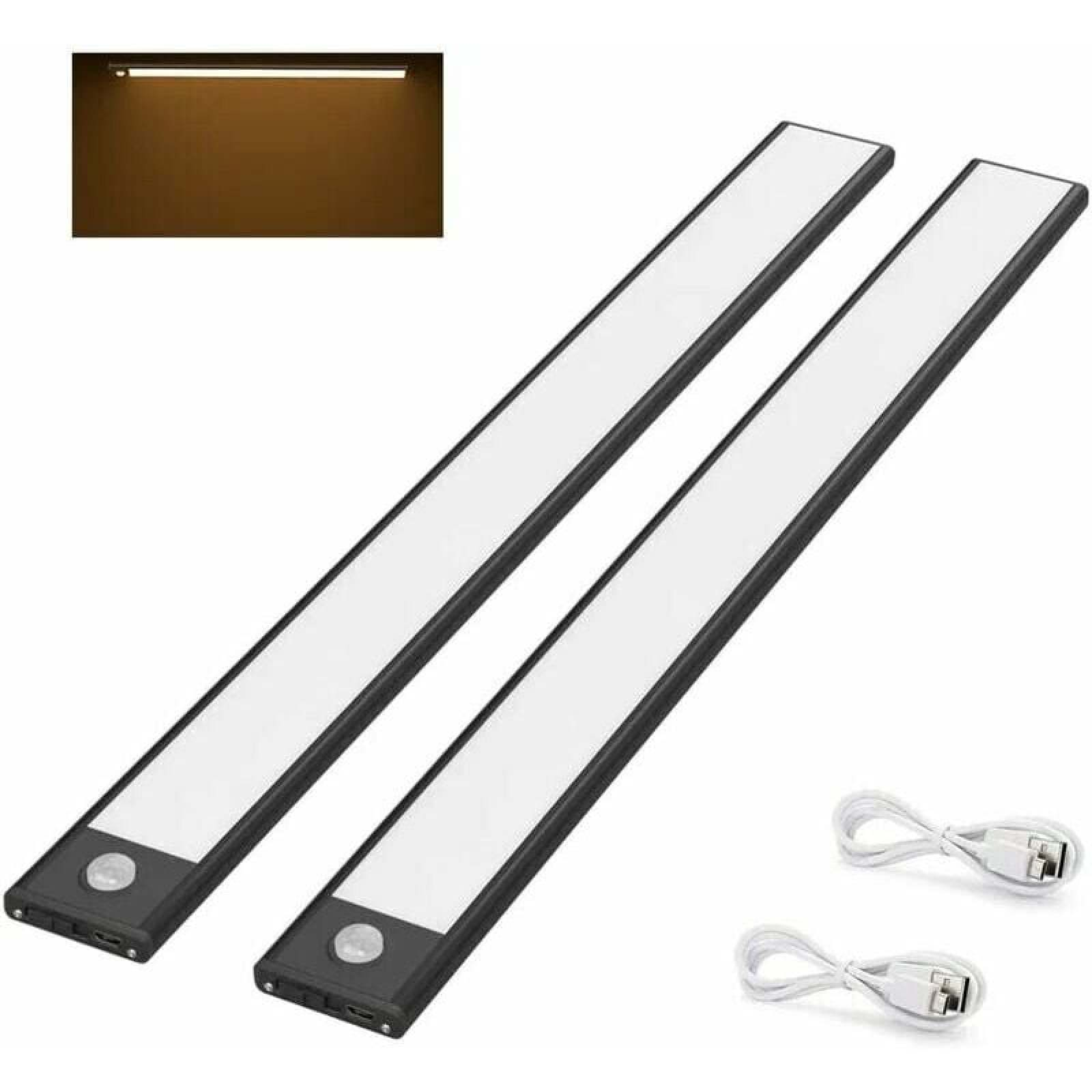 Zwei lange, schmale LED-Leuchten mit Bewegungsmeldern und USB-Kabeln.
