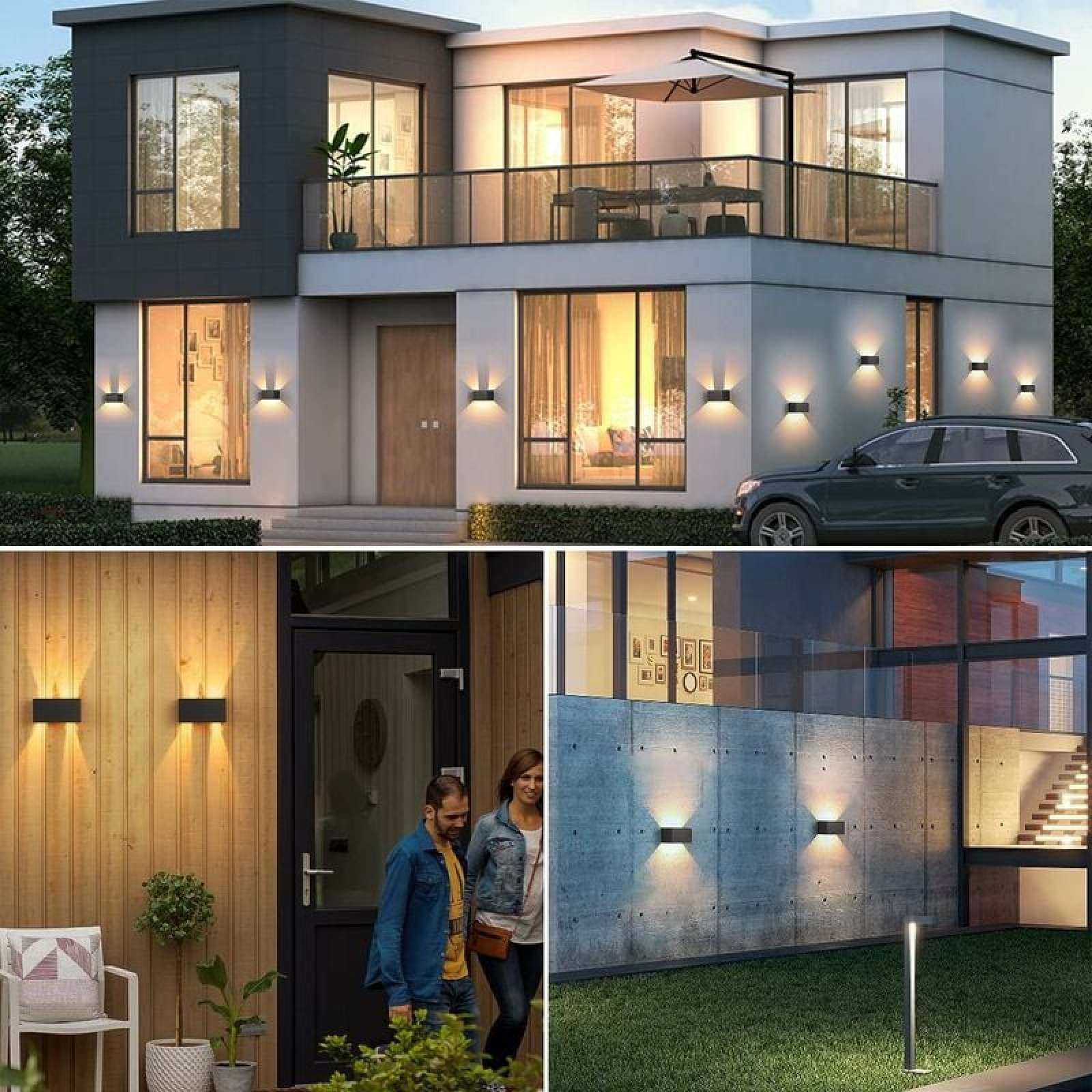 Moderne zweistöckige Villa mit Balkon, Außenterrasse und dunklem SUV.