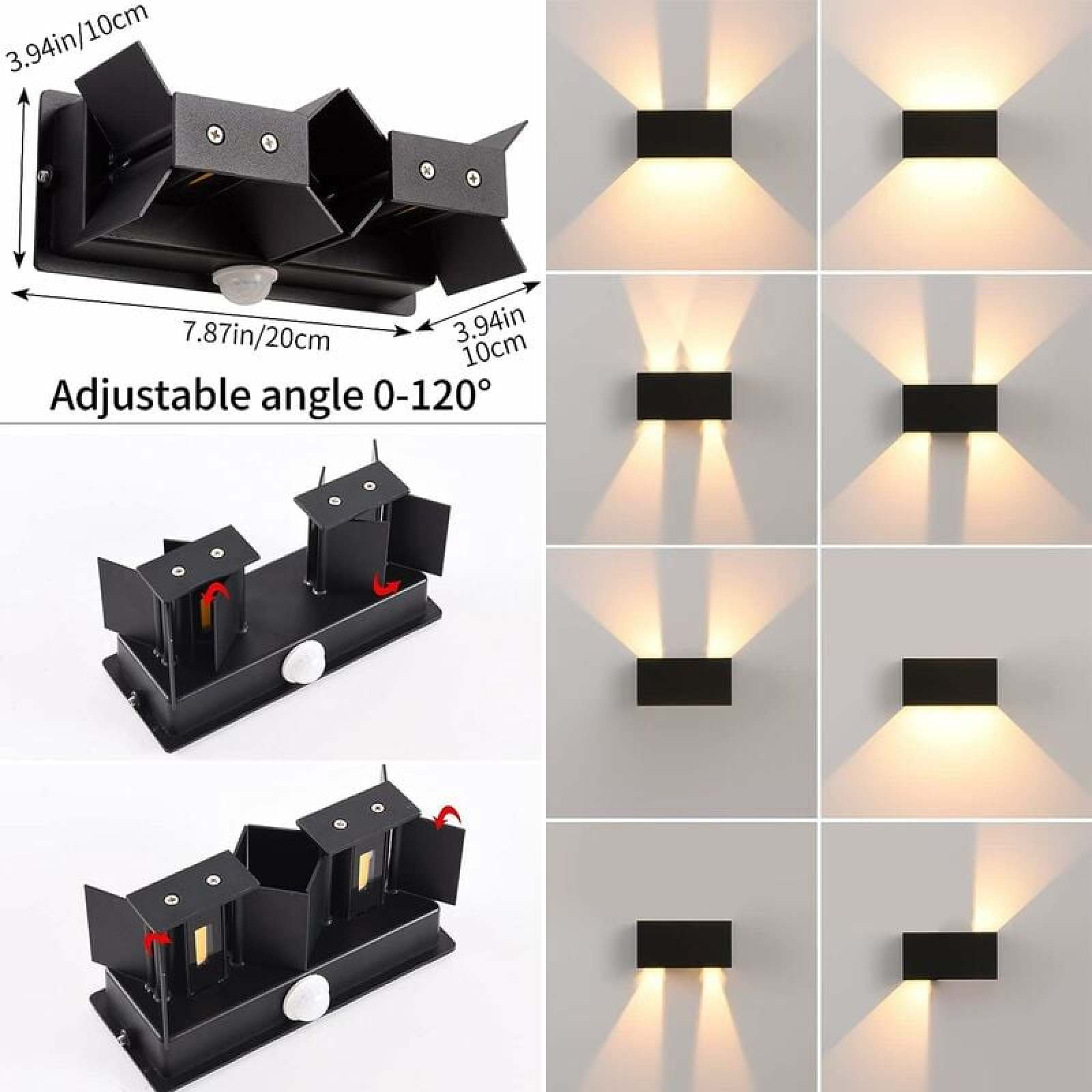 Schwarze Wandleuchte mit verstellbaren Winkeln und Lichtmustern.