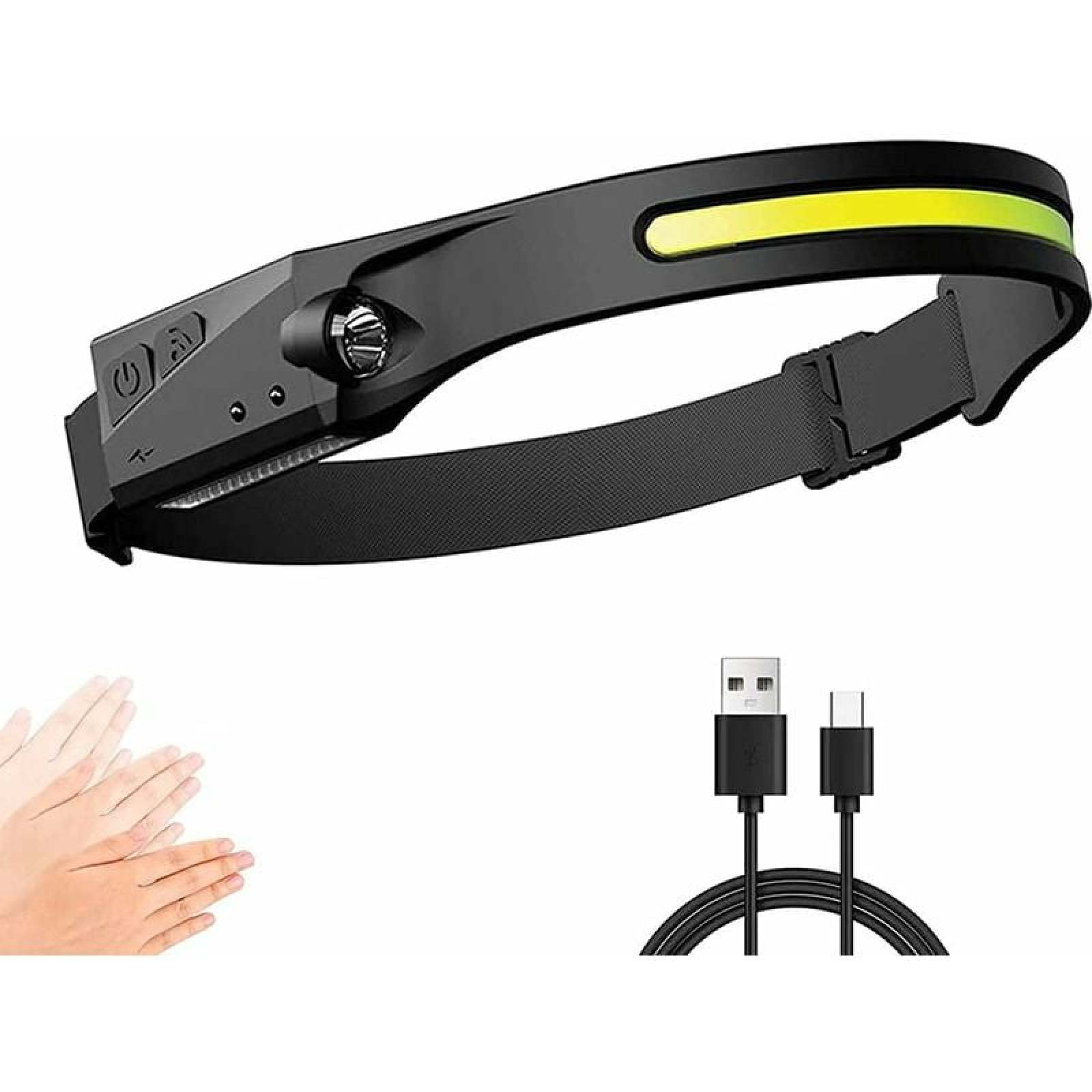 Schwarzes Stirnband mit LED-Leuchte, gelbem Streifen und USB-Kabel.