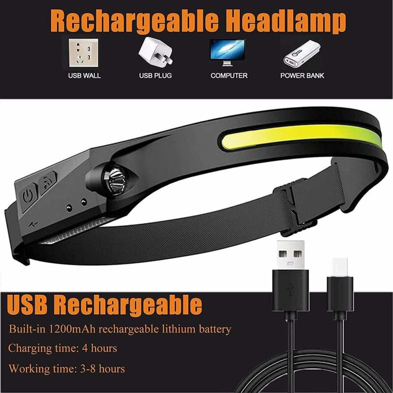 Wiederaufladbare Stirnlampe mit USB-Anschluss, gelbes Lichtband, schwarzes Band.
