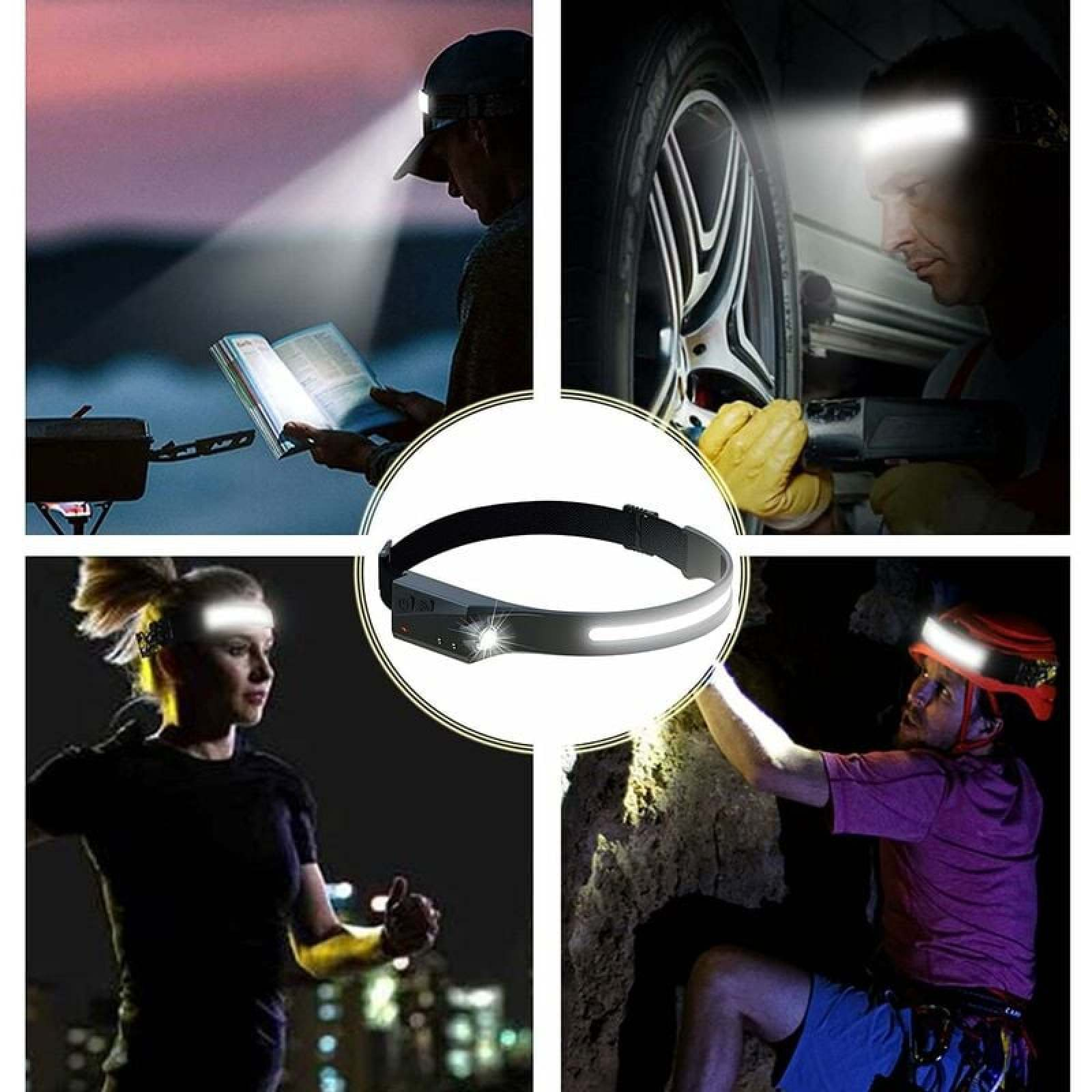Eine Collage, die Scheinwerfer in Aktion zeigt: Lesen, Autoreparatur, Joggen, Klettern.