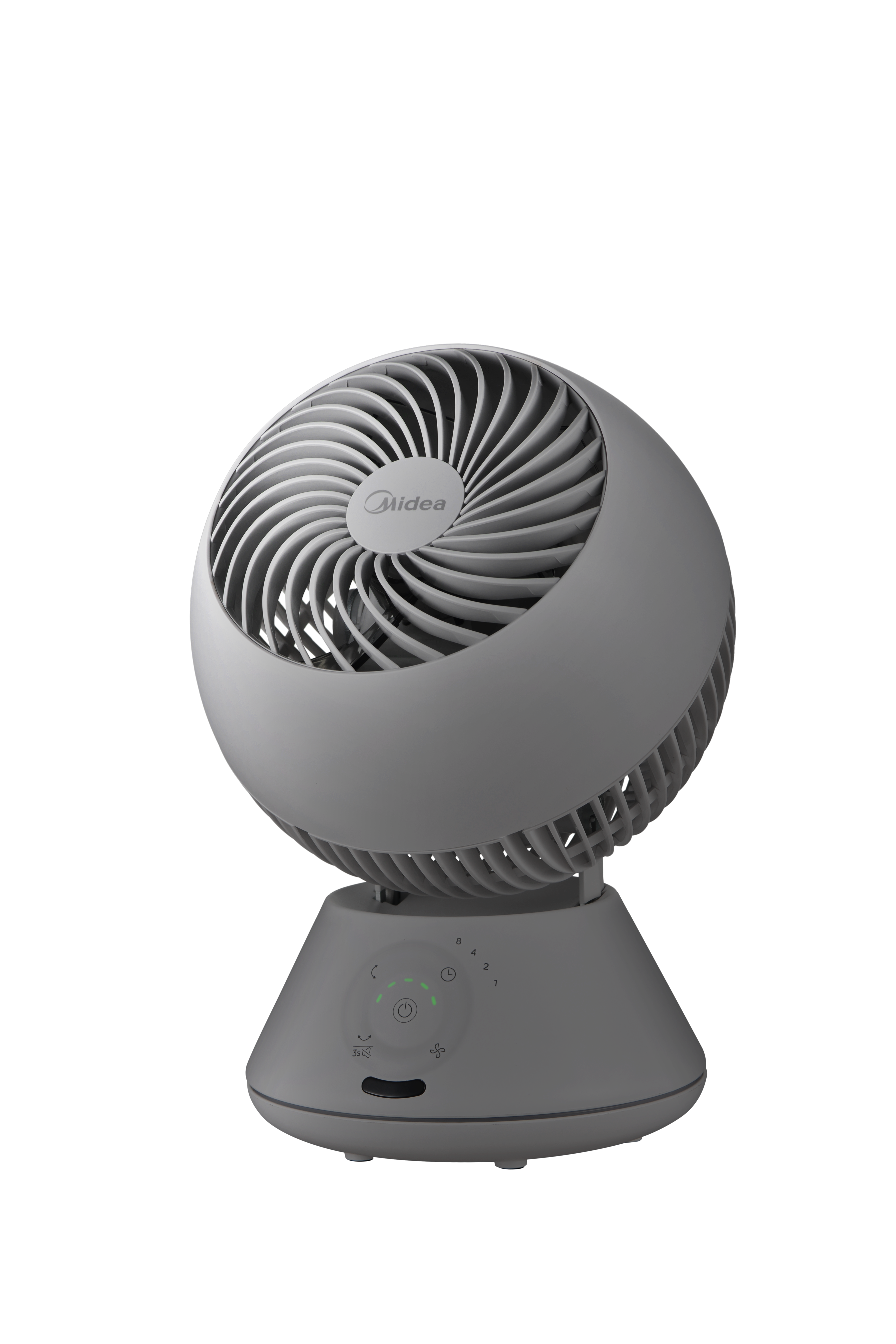 Ein weißer Tischventilator mit schwenkbarem Kopf und Bedienelementen.