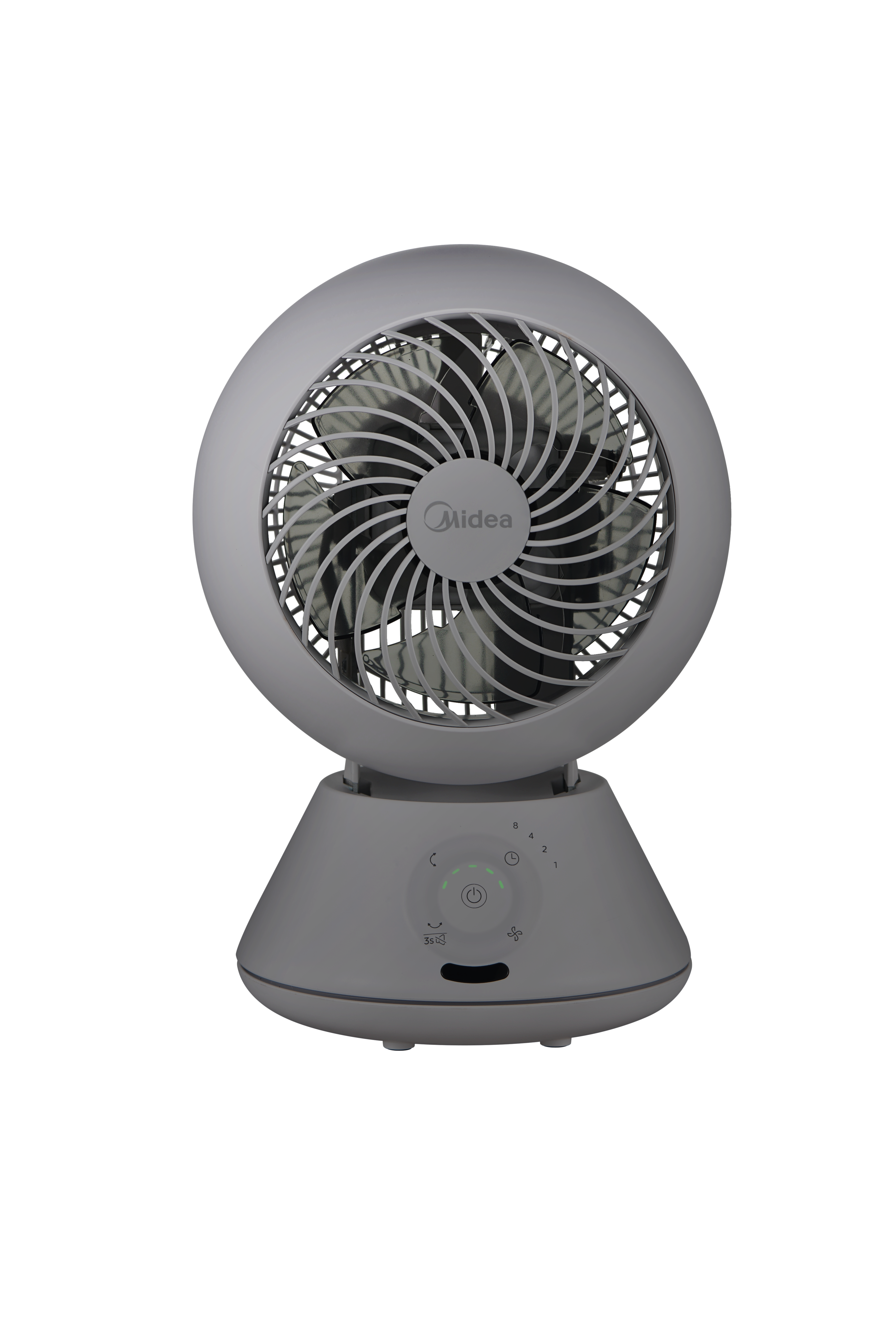 Ein weißer Midea-Tischventilator mit runder Lüfterabdeckung und Bedienelementen.