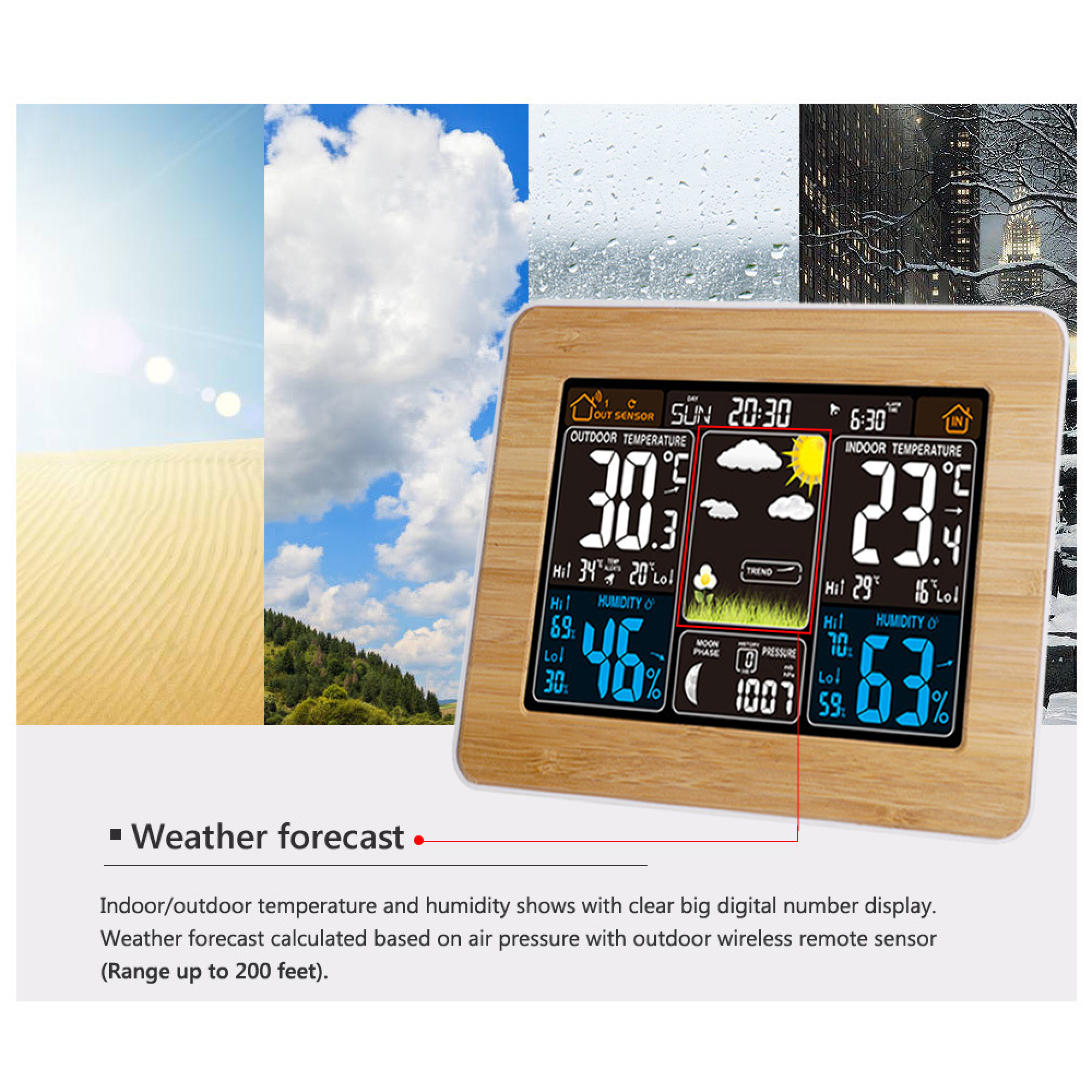 Ein Holzgehäuse-Wetterstation zeigt Innen-/Außentemperatur, Luftfeuchtigkeit und Luftdruck.